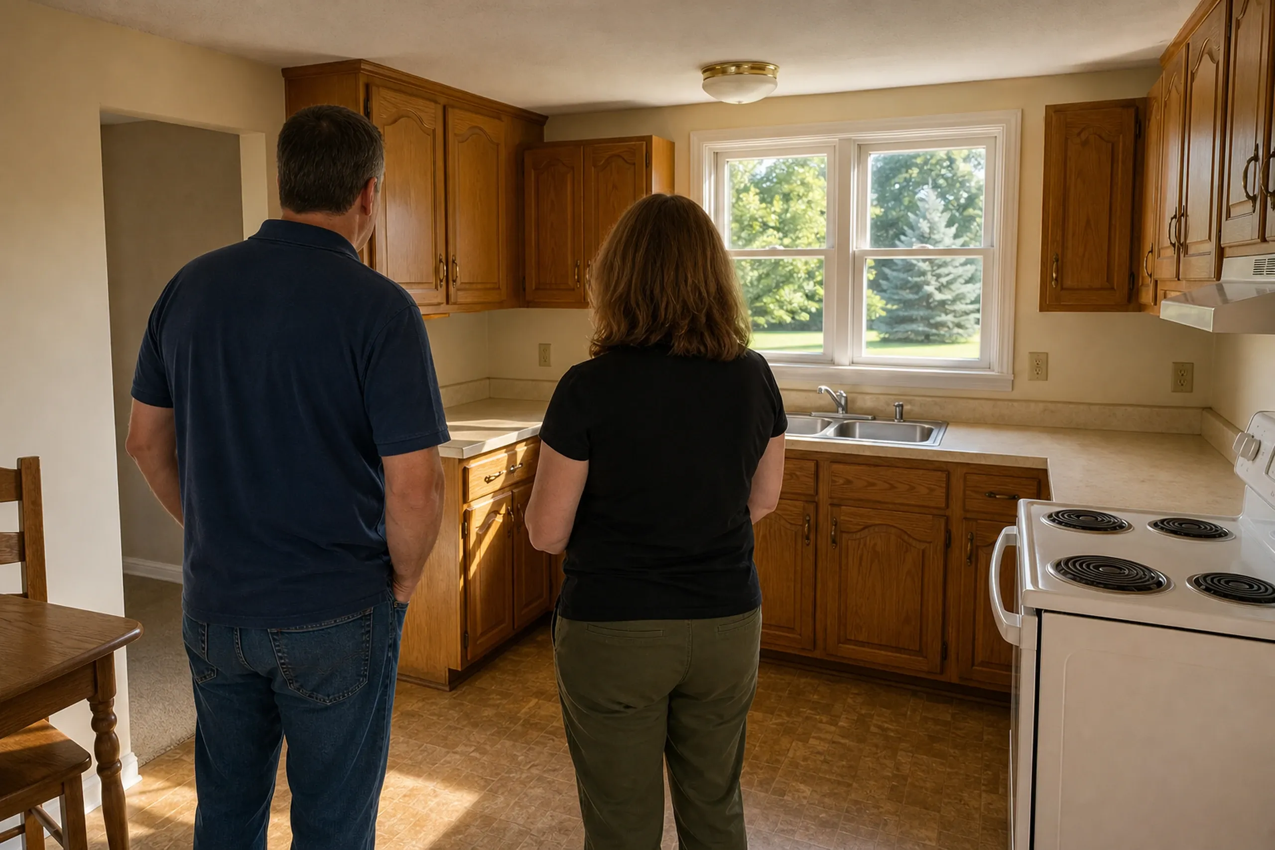 Kitchen renovation in Milford, ME: Two people standing in a kitchen with wooden cabinets, white countertops, and a window overlooking green trees.
