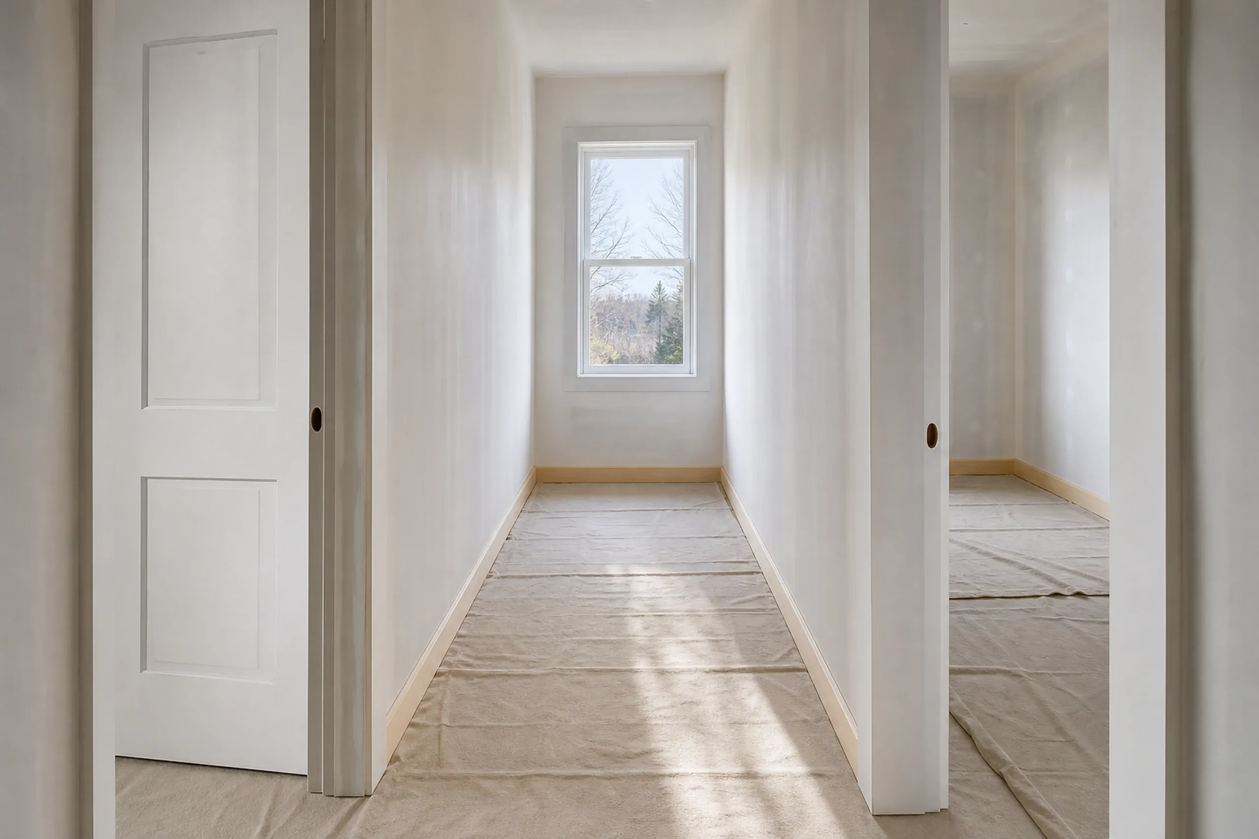 Interior hallway renovation in Milford, Maine: Empty hallway with white walls, wooden flooring, white doors, and window with winter landscape view.