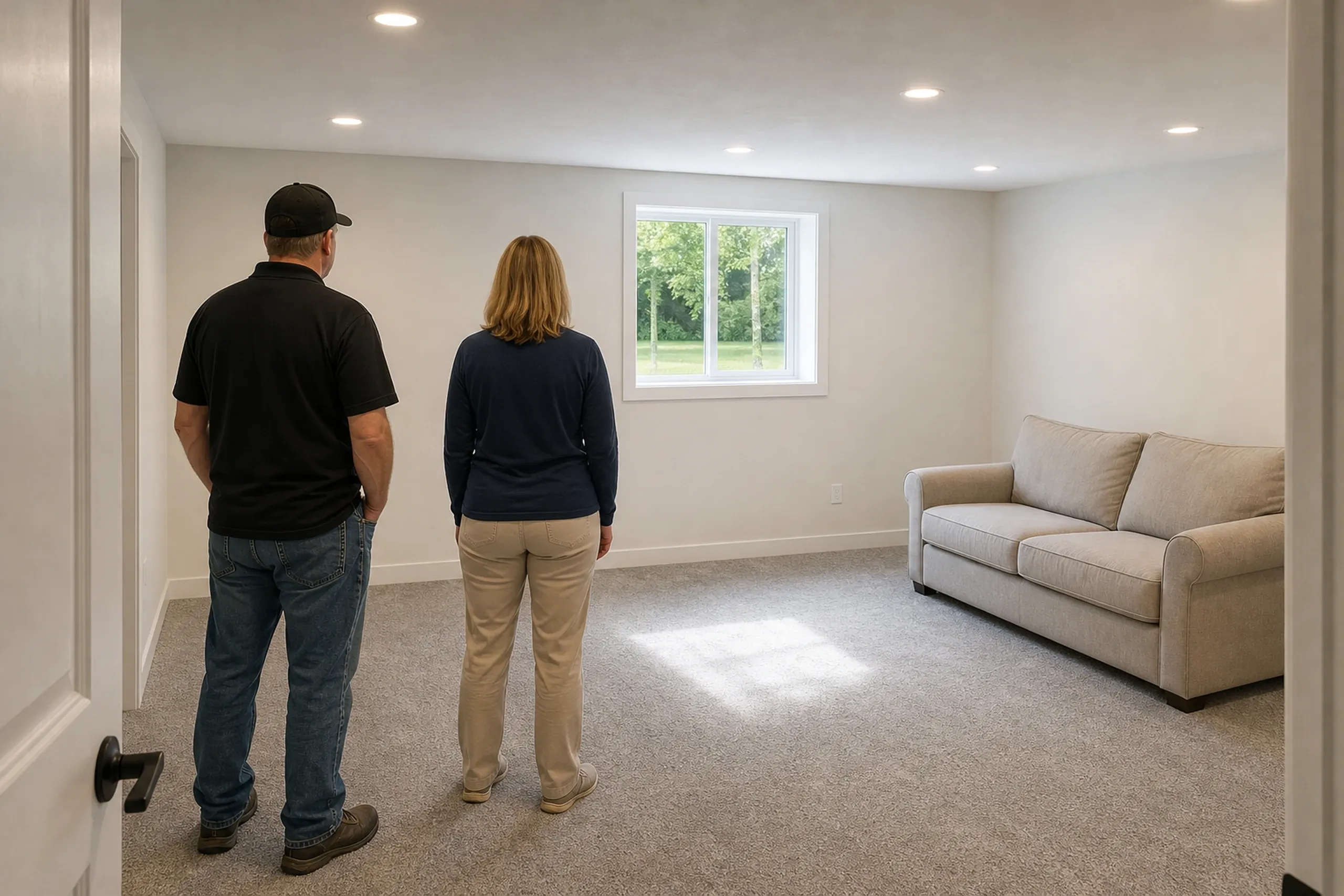 Finished basement in Milford, ME: Two people standing in a carpeted room with beige walls, recessed lighting, a window, and a cream-colored sofa.