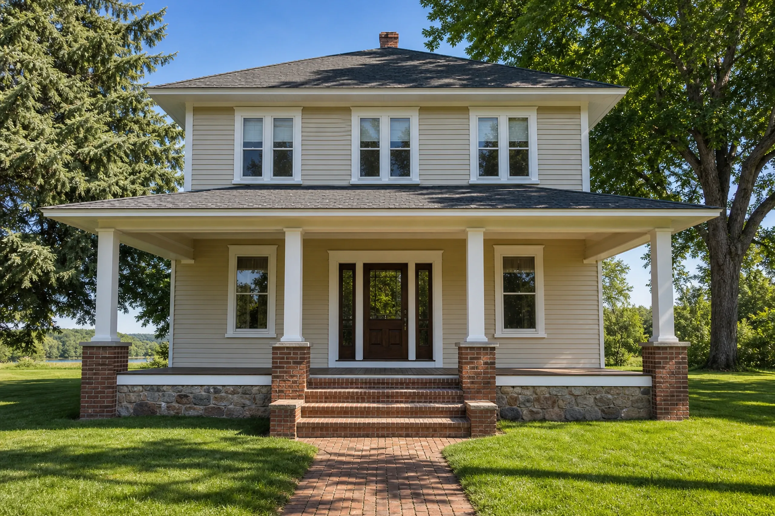 Re-sided Colonial in Milford, ME: Two-story white house with brick foundation, white trim and columns, dark roof, brick walkway, surrounded by mature trees and lawn.