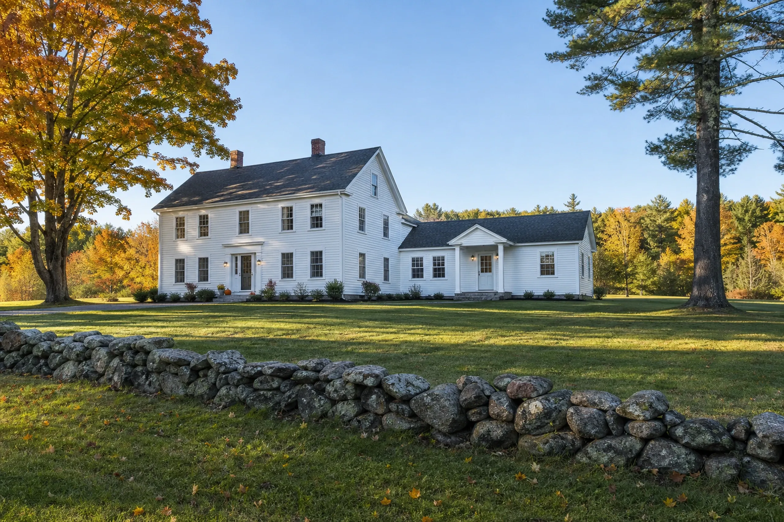 White Colonial Home in Newburgh, Maine: Two-story white farmhouse with dark roof and brick chimneys set on green lawn with stone wall in foreground and autumn trees surrounding property.