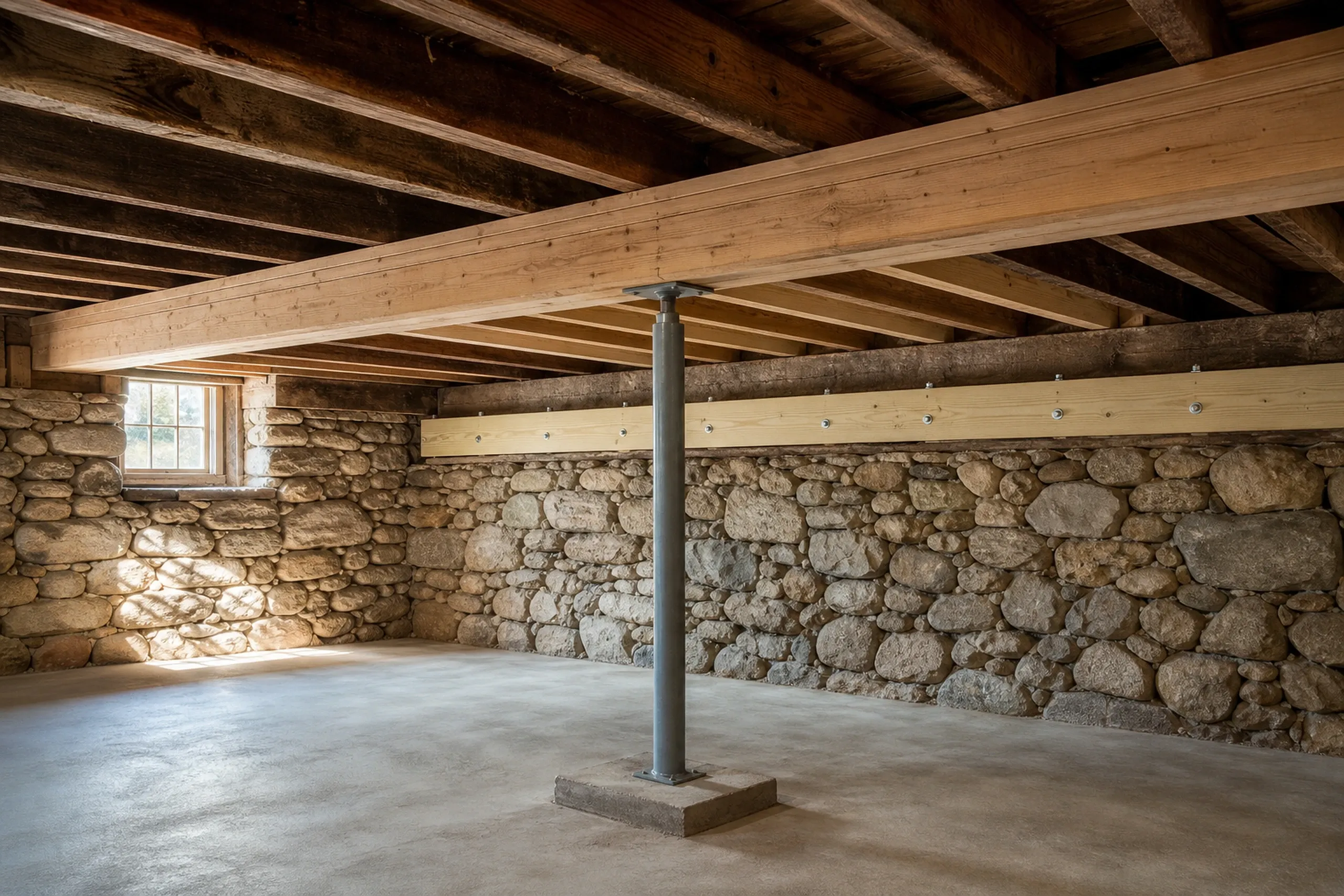 Stone basement in Newburgh, ME: Interior view of a stone foundation with wooden beam ceiling, concrete floor, central support post, and a small window.