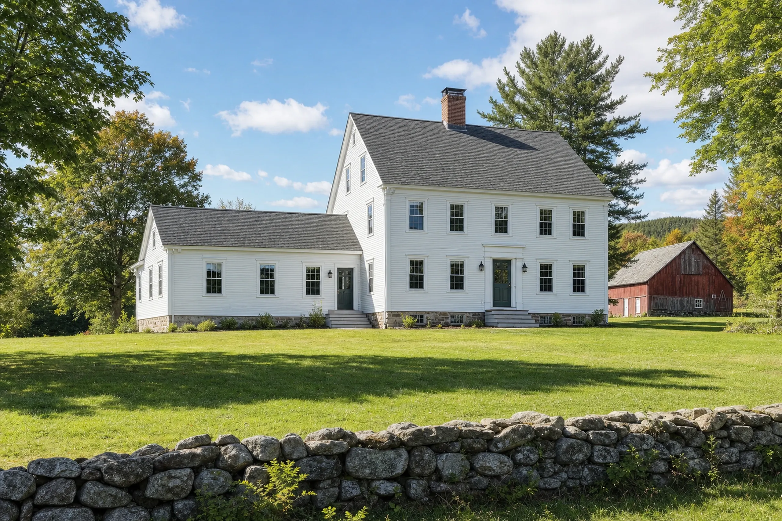 General contractor in Newburgh, ME: White farmhouse with gray roof, black shutters and trim, stone wall in foreground, red barn visible, surrounded by green lawn and trees.