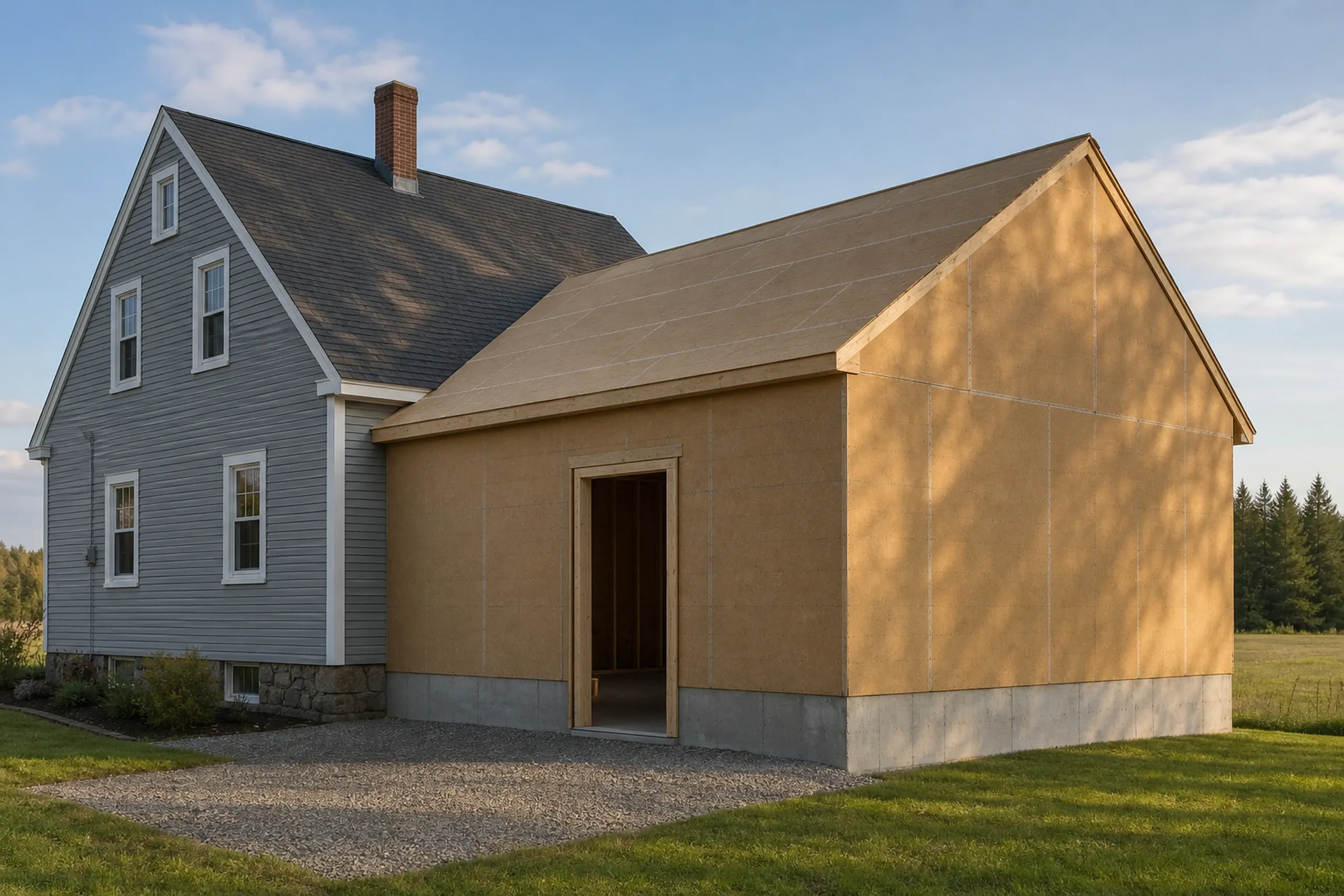 Residential addition in Newburgh, ME: Tan stucco-sided addition with concrete foundation attached to blue-gray sided colonial house with dark roof, situated on gravel and grass lot with evergreen trees in background.