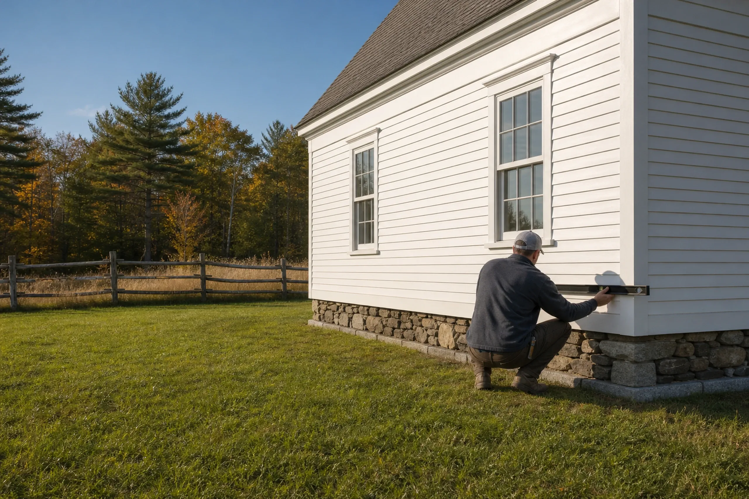 White Cottage Renovation in Newburgh, Maine: Man crouching beside white-sided cottage with dark roof, installing or inspecting trim. Stone foundation visible. Wooden fence and autumn trees in background.