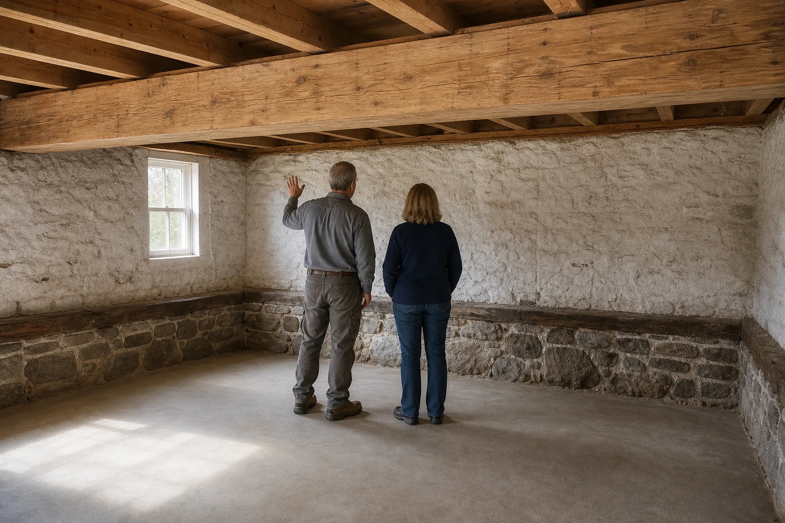 Stone basement renovation in Newburgh, ME: Two people stand in an unfinished basement with whitewashed stone walls, stone foundation, concrete floor, and exposed wooden beams overhead. A single window provides natural light.