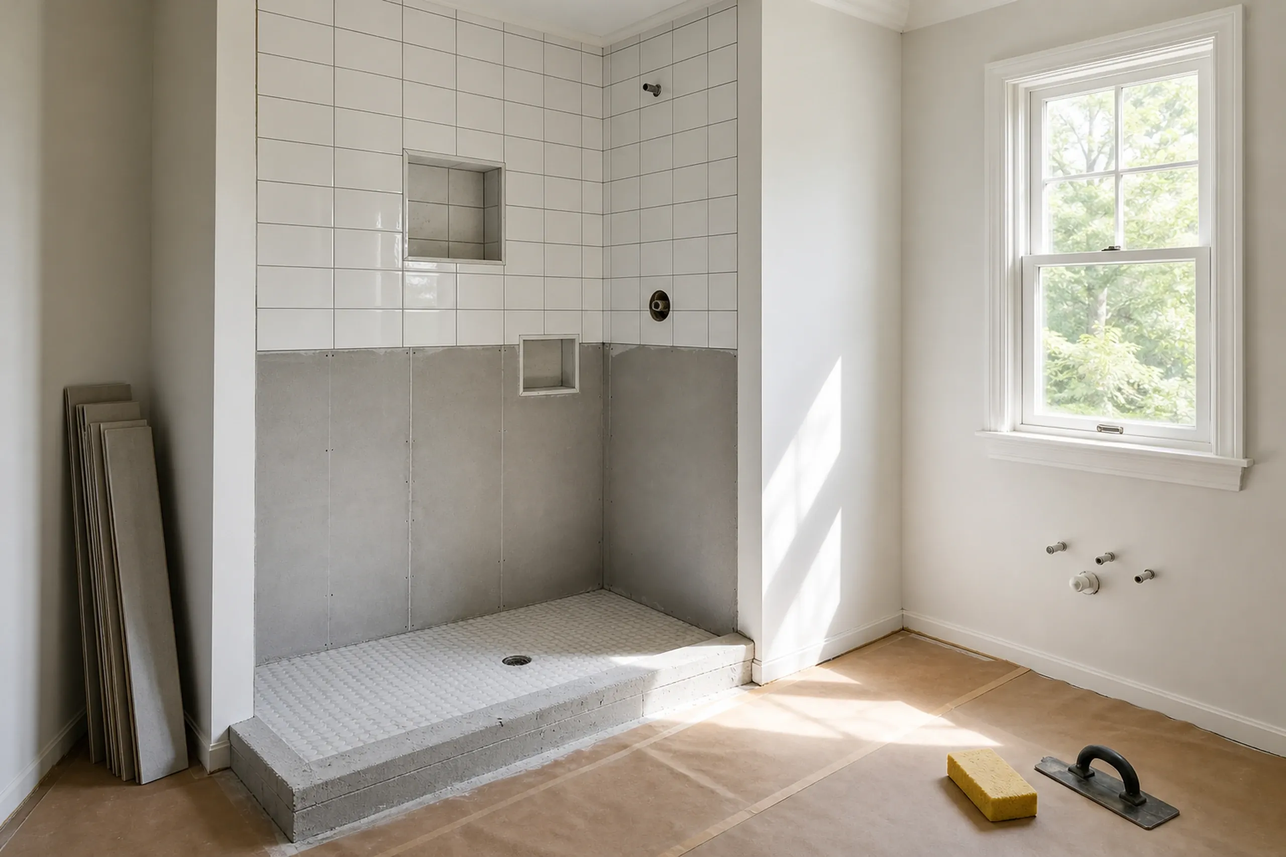 Bathroom renovation in progress in Newburgh, ME: Walk-in shower with white subway tile upper walls and gray tile lower walls, white mosaic floor, glass enclosure, and window overlooking trees.