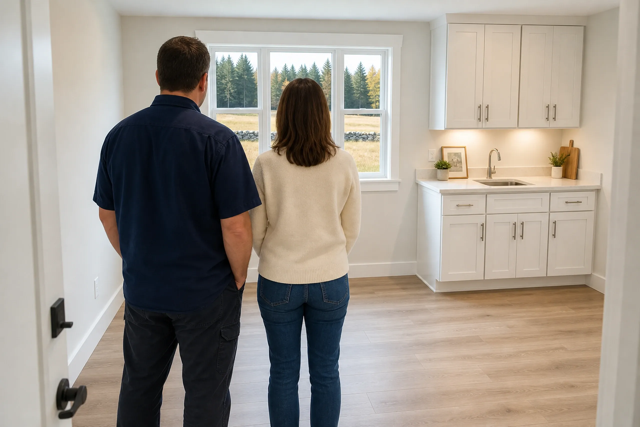 Kitchen interior in Newburgh, ME: Two people standing in a bright kitchen with white cabinetry, looking out windows at evergreen trees.
