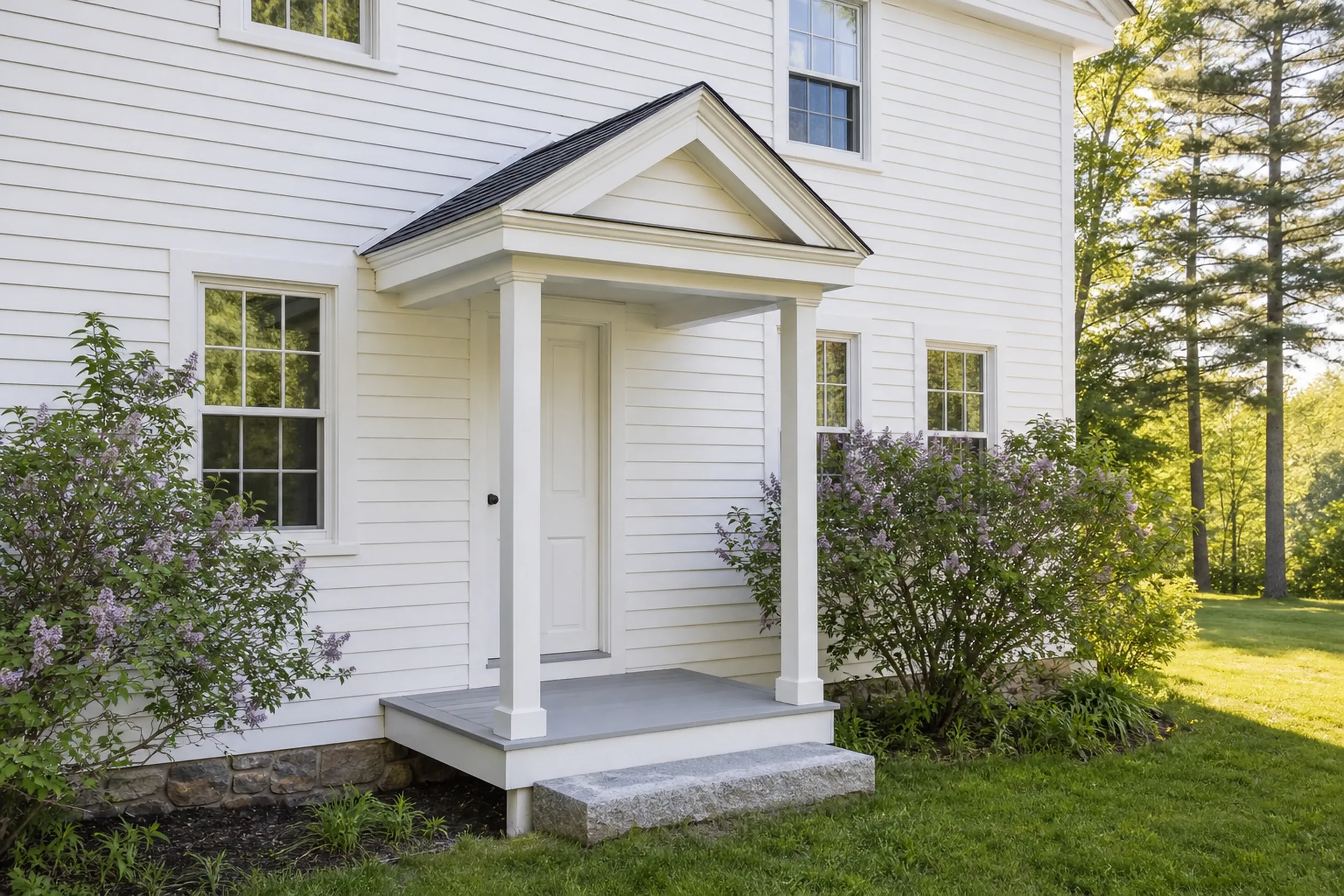 White colonial home in Newburgh, Maine: White siding with black roof, covered entry portico with columns, stone foundation, purple flowering shrubs, pine trees visible in background.