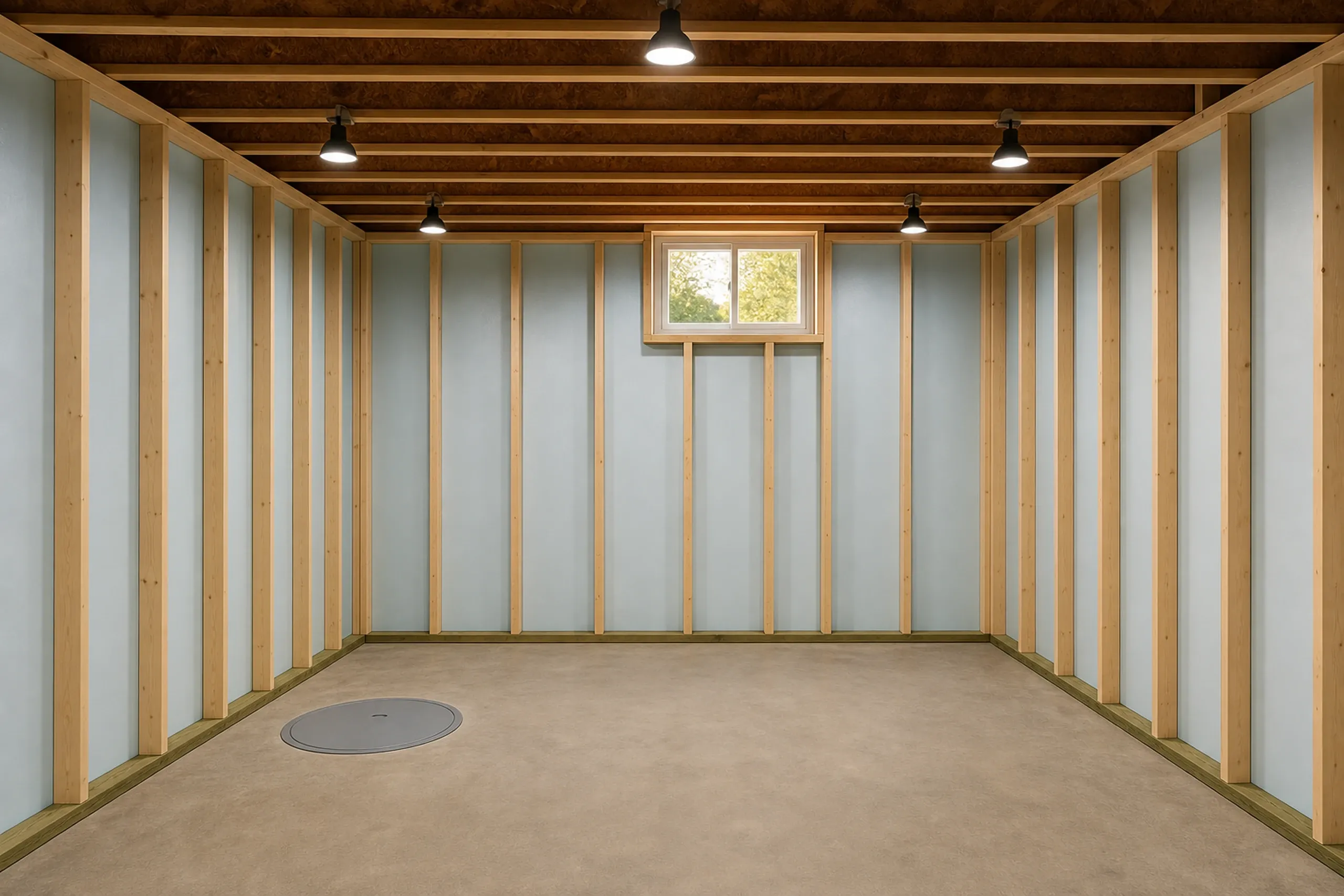 Unfinished Interior Framing in Old Town, ME: Empty room with exposed wooden beam ceiling, vertical wood studs, drywall panels, and concrete floor with recessed light fixture.