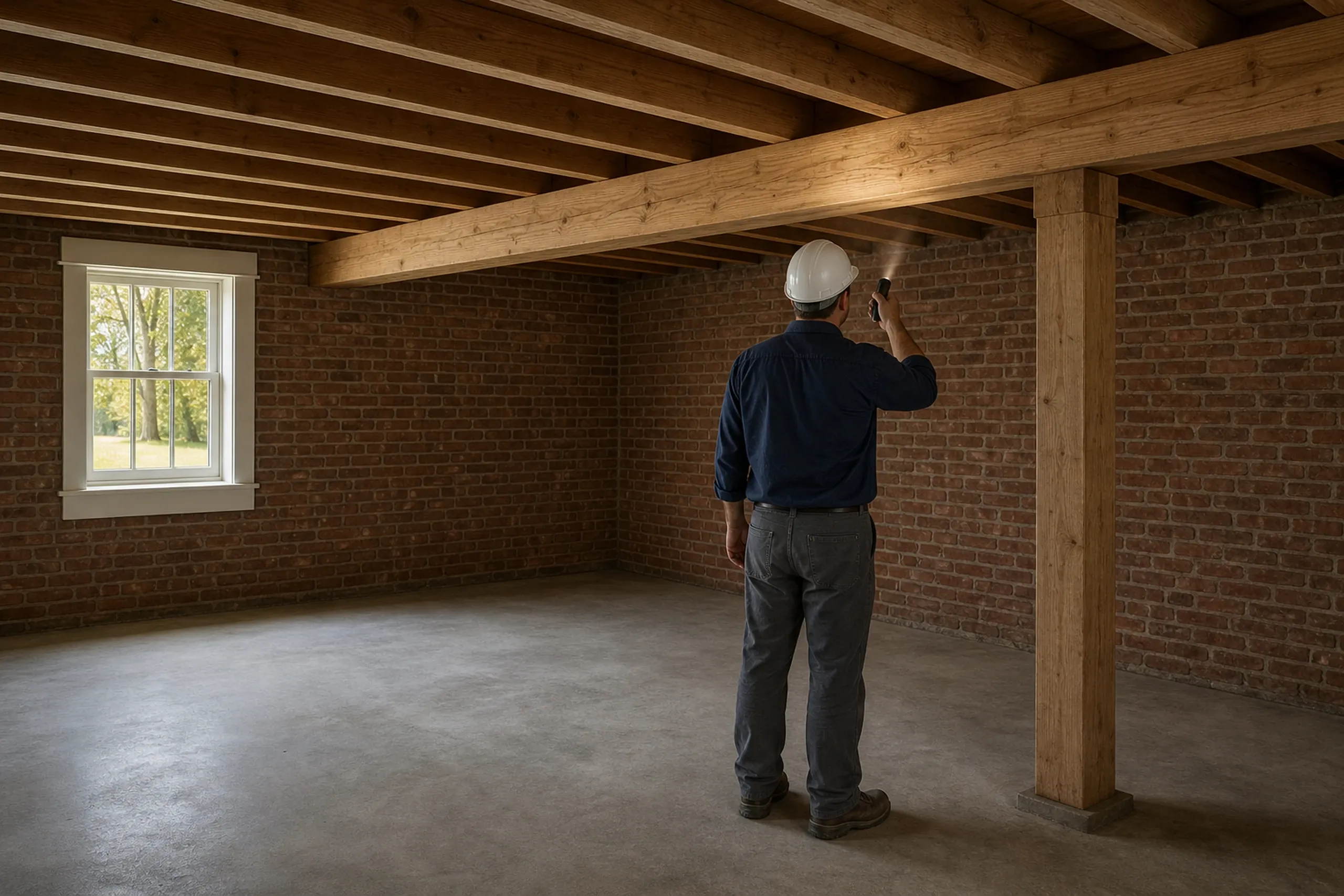 Basement Interior in Old Town, ME: Worker in hard hat stands in unfinished basement with brick walls, concrete floor, wooden beams and support post, and single window.