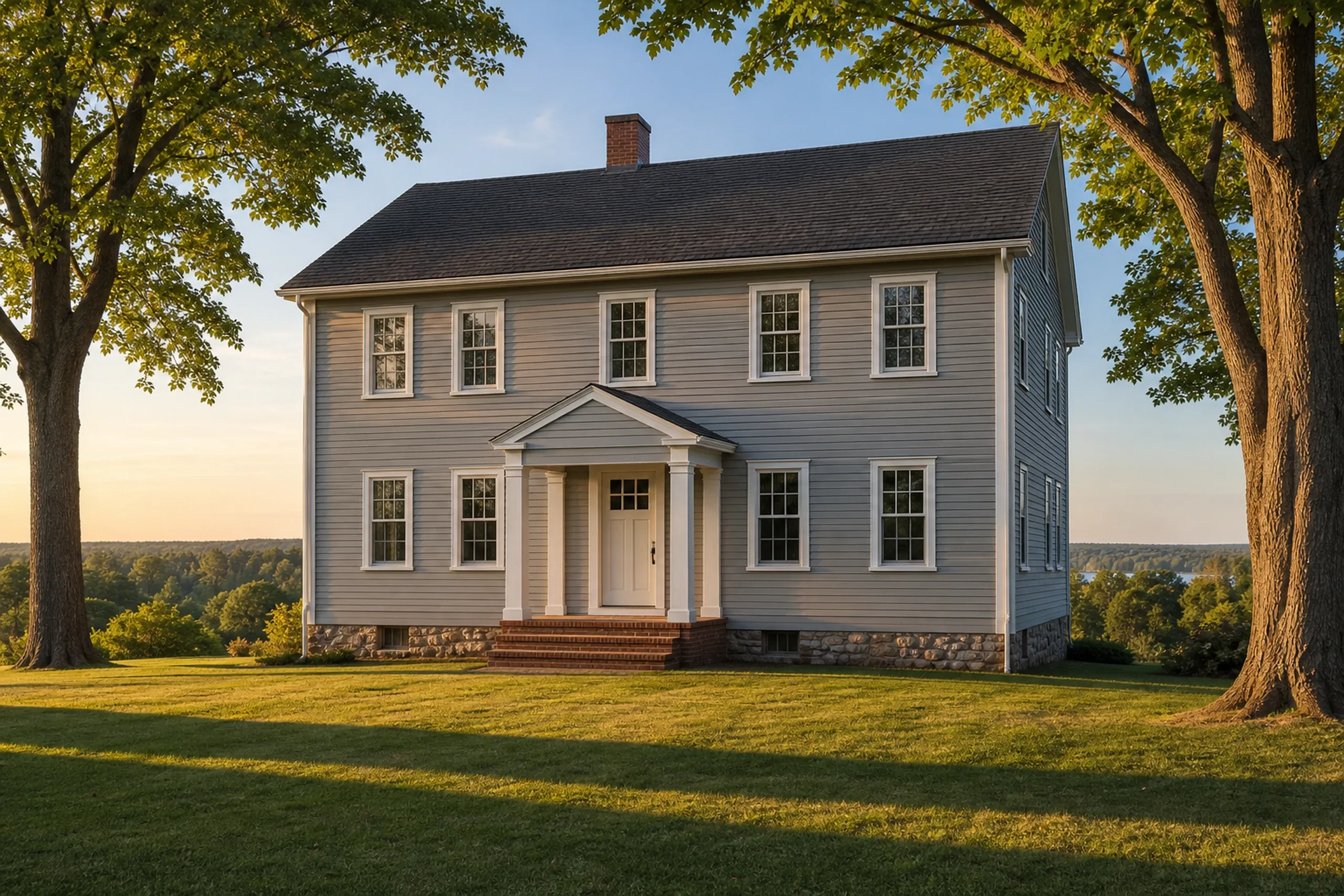 Colonial home in Old Town, Maine: Two-story white vinyl-sided house with black roof, white trim, columned front portico, and brick foundation on manicured lawn between two large trees.
