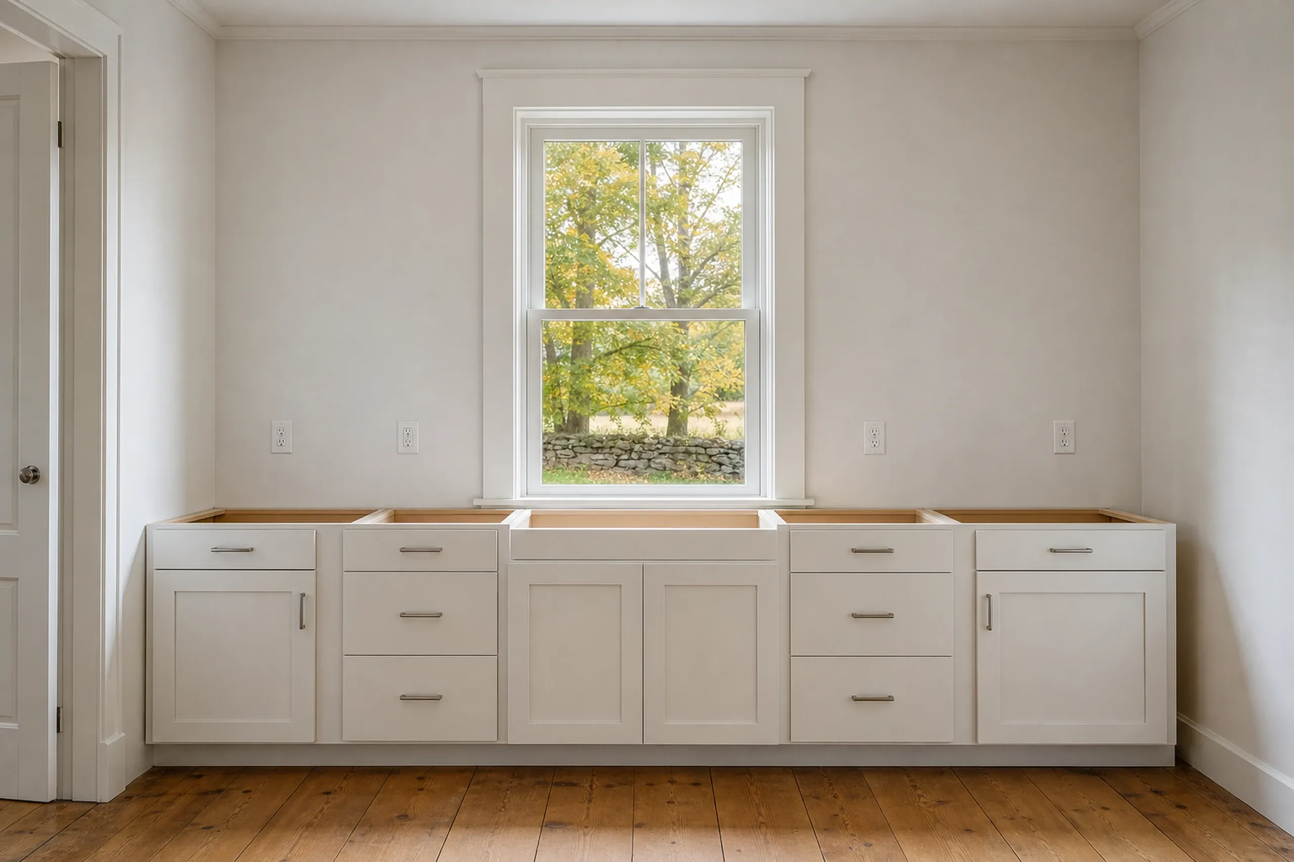 Custom kitchen cabinetry installation: Interior room with white painted cabinetry, wooden countertops, and large window overlooking trees.