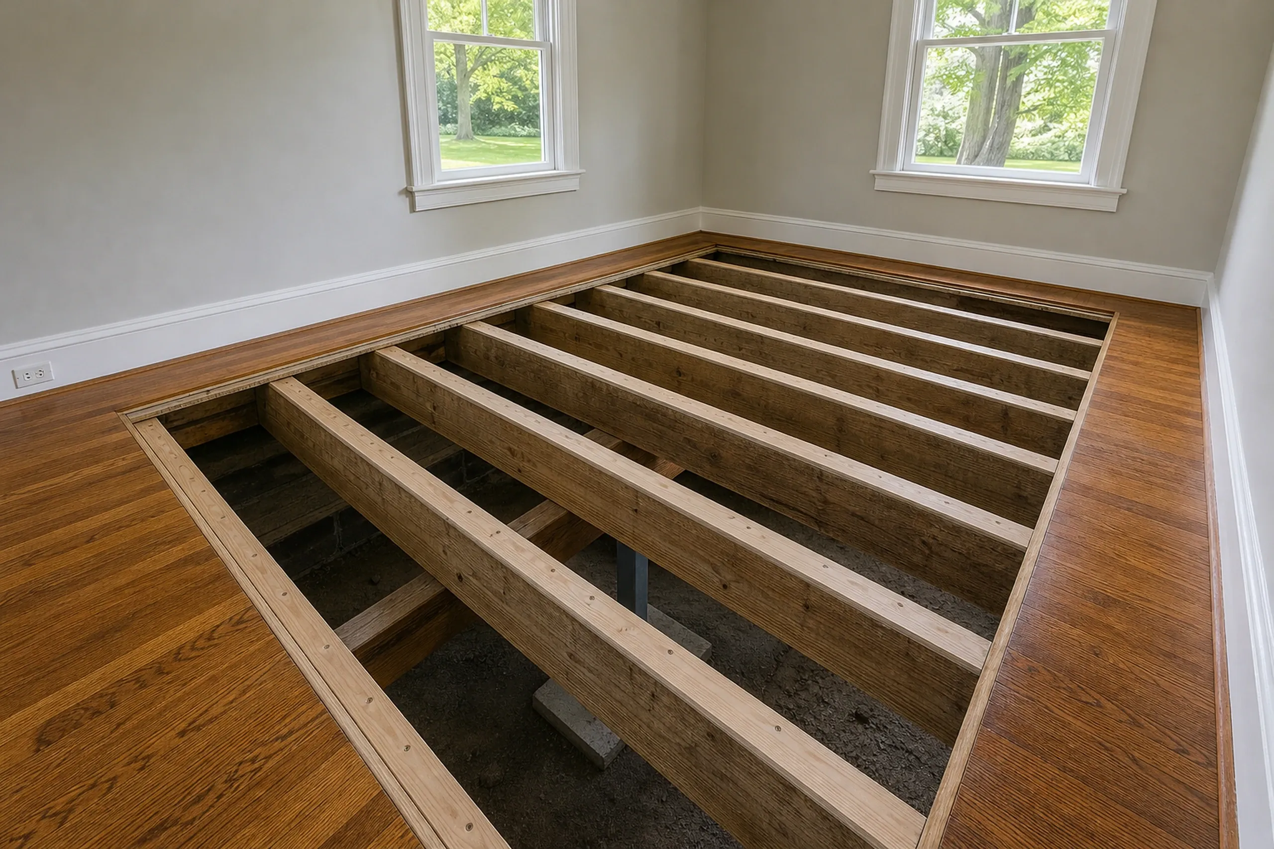 Interior room framing in Old Town, ME: Wooden floor joists and beams under construction in a bright room with white trim and two large windows overlooking green landscape.