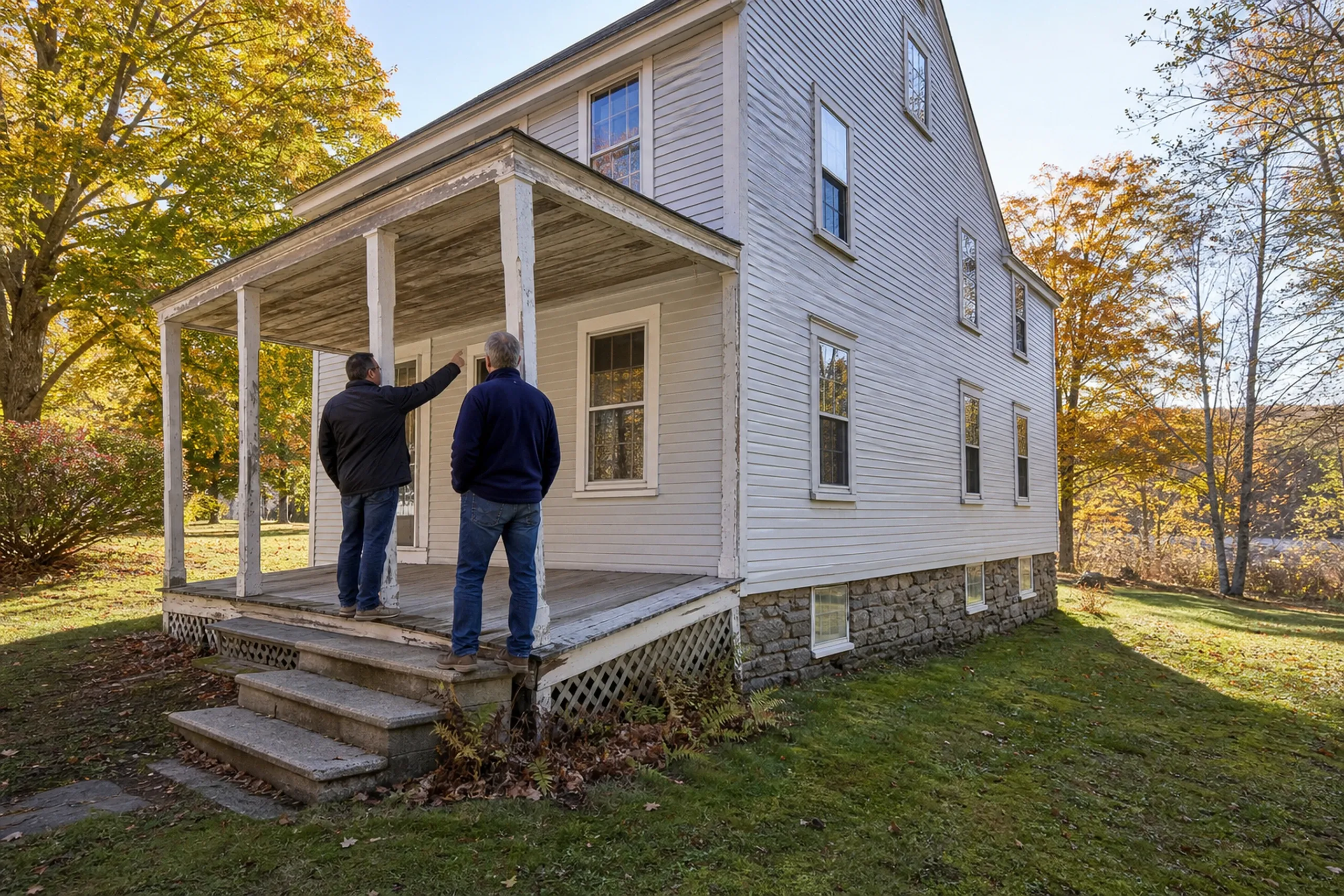 Historic home in Old Town, Maine: Two men stand on a front porch of a white-sided two-story house with white trim and columns, surrounded by autumn trees.