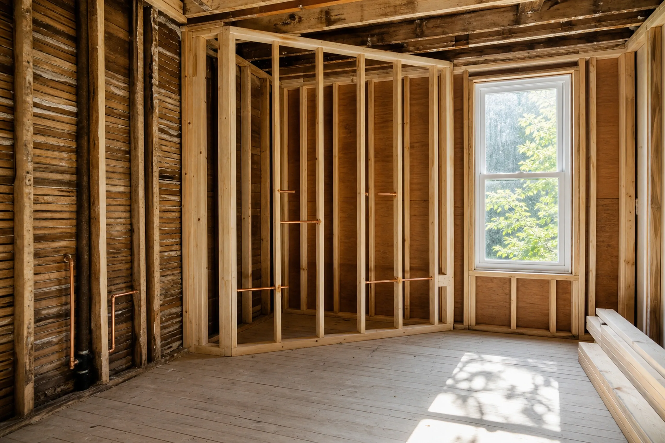Interior framing in Old Town Maine: Wooden-framed interior room with exposed beams, wood flooring, window showing green trees outside.
