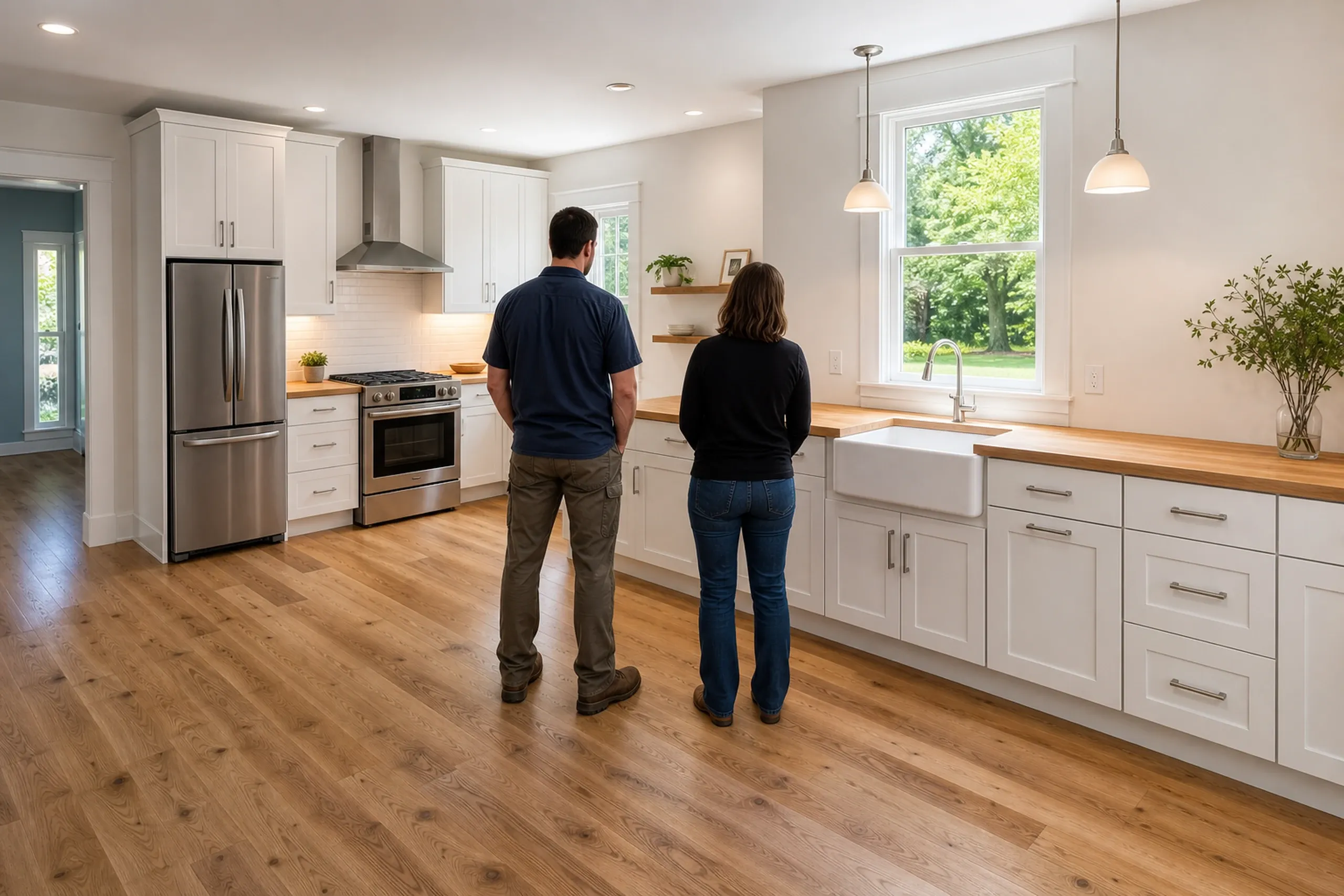 Kitchen Remodel in Old Town, ME: Two people stand in a bright kitchen with white cabinetry, wooden countertops, stainless steel appliances, and large windows overlooking trees.