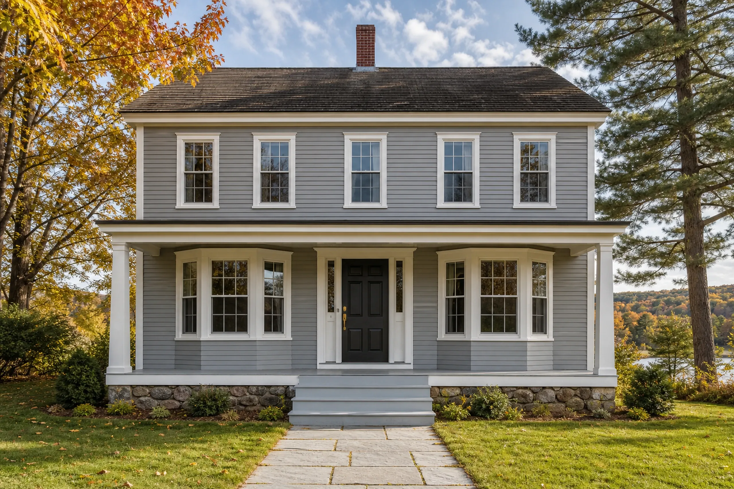 Re-sided Colonial in Old Town, Maine: Two-story gray vinyl-sided house with white trim, black front door, and dark roof, situated on landscaped grounds with stone foundation and front porch.