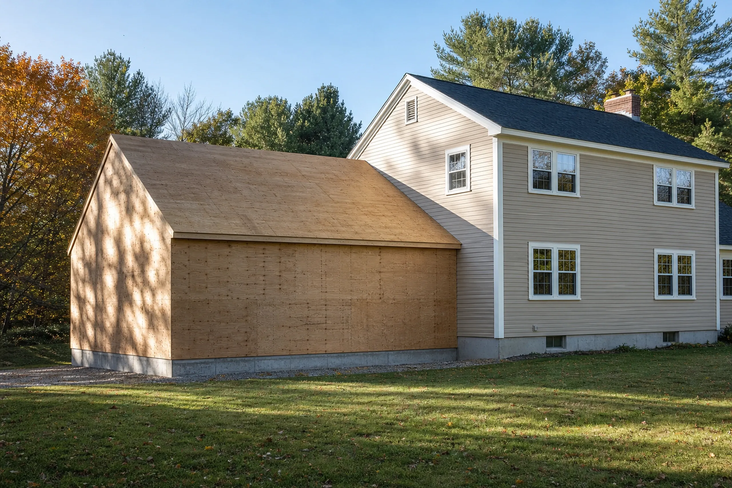 New construction home in Orono, ME: Two-story white vinyl-sided house with dark roof next to detached brown garage, set on grassy lot with trees.