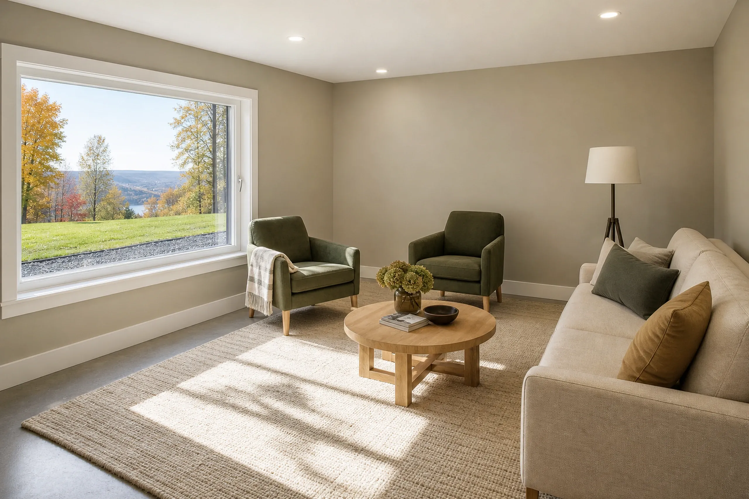 Modern living room addition in Orono, ME: Sunlit interior with beige walls, large windows overlooking fall foliage and water, cream sofa, olive chairs, wooden table, and recessed lighting.
