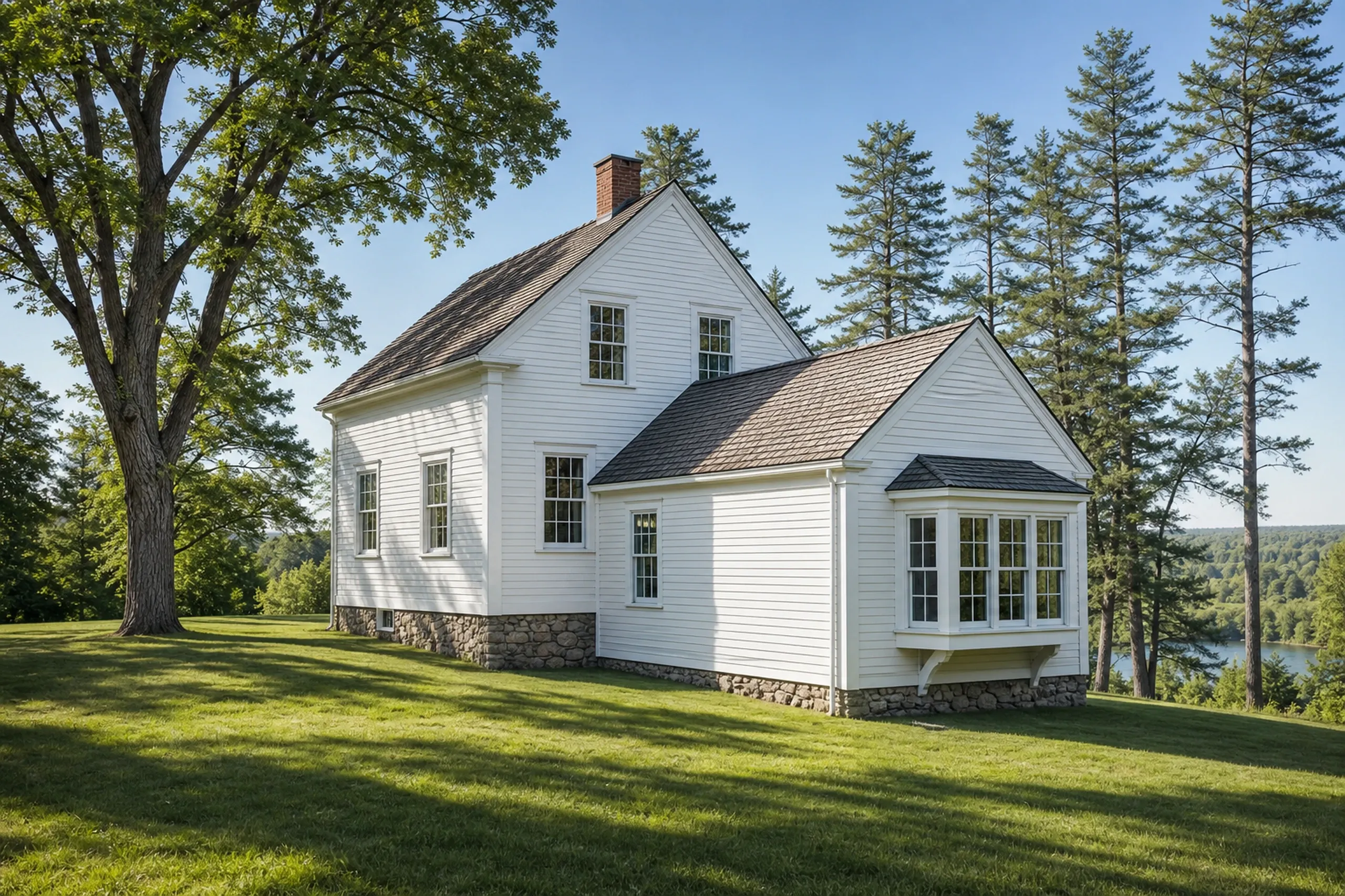 White Colonial Home in Orono, ME: White-sided two-story colonial house with stone foundation, black roof, and bay window on grassy hillside overlooking water and pine trees.