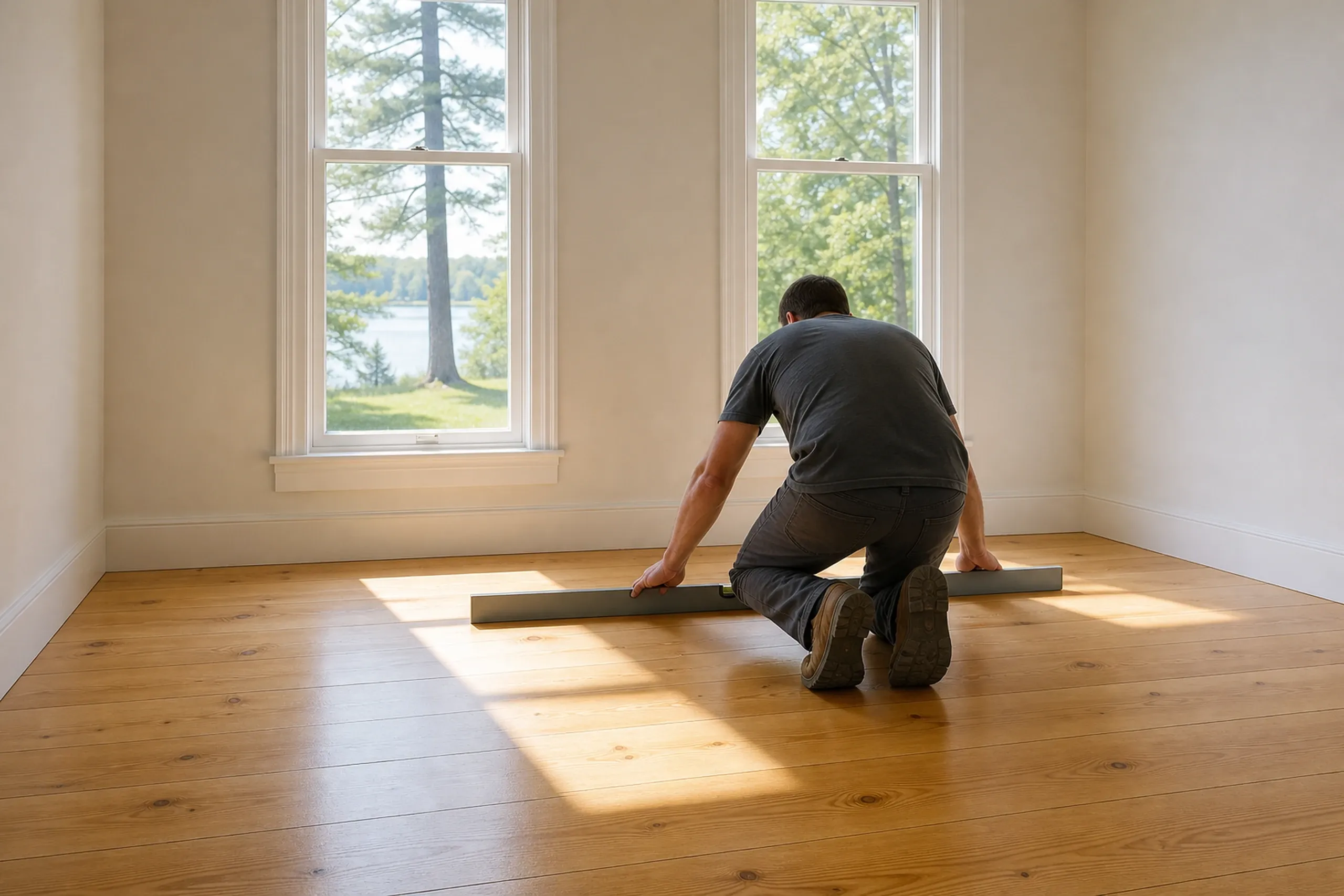 Wood flooring installation in Orono home: Man kneeling on hardwood floor laying boards in bright room with two tall windows overlooking trees and water.