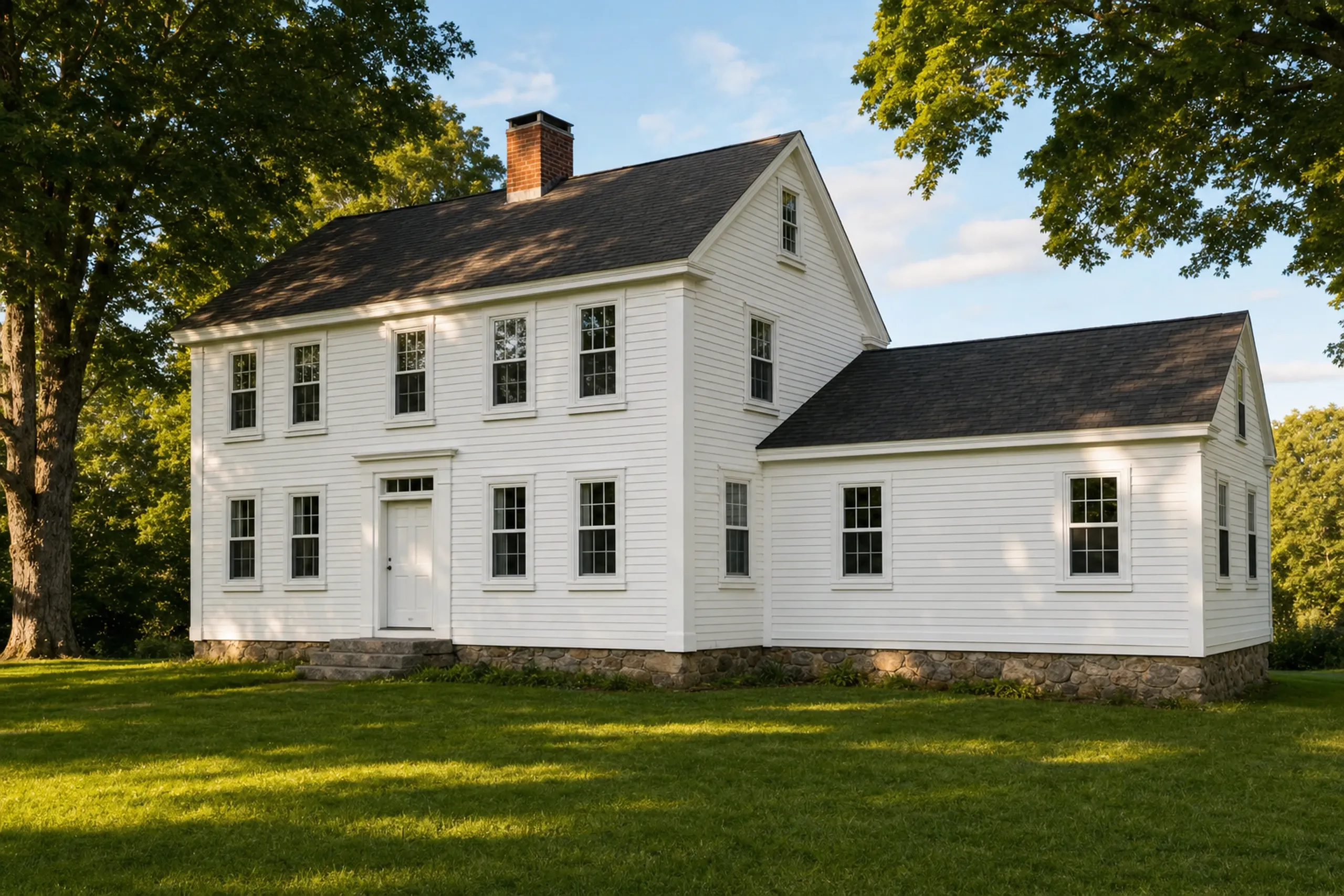 General contractor in Orono, ME: White farmhouse with black roof, stone foundation, multiple windows, surrounded by large trees and green lawn.