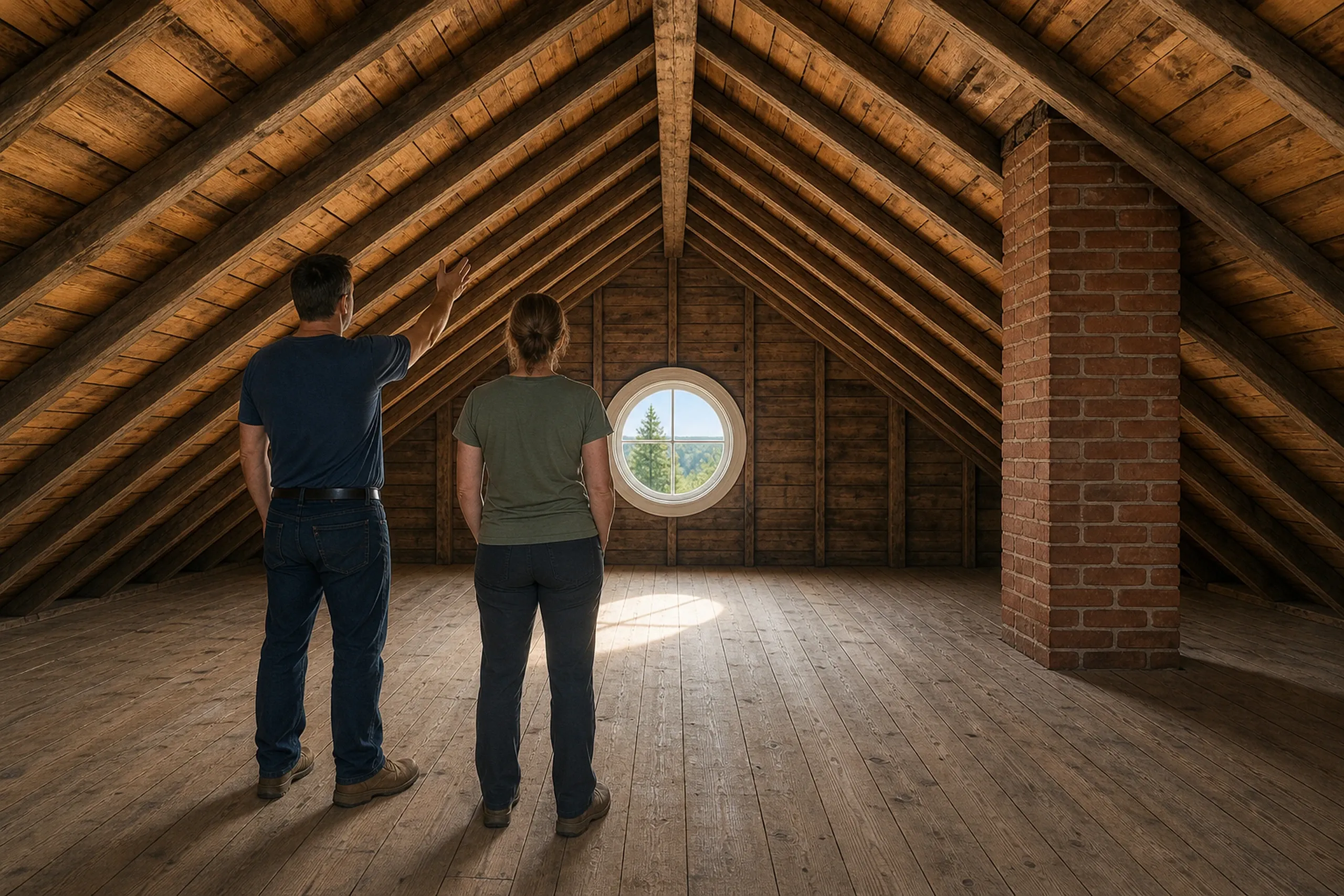 Attic space in Orono, ME: Two people standing in an unfinished attic with exposed wooden beams, brick chimney, wooden flooring, and circular window overlooking trees.
