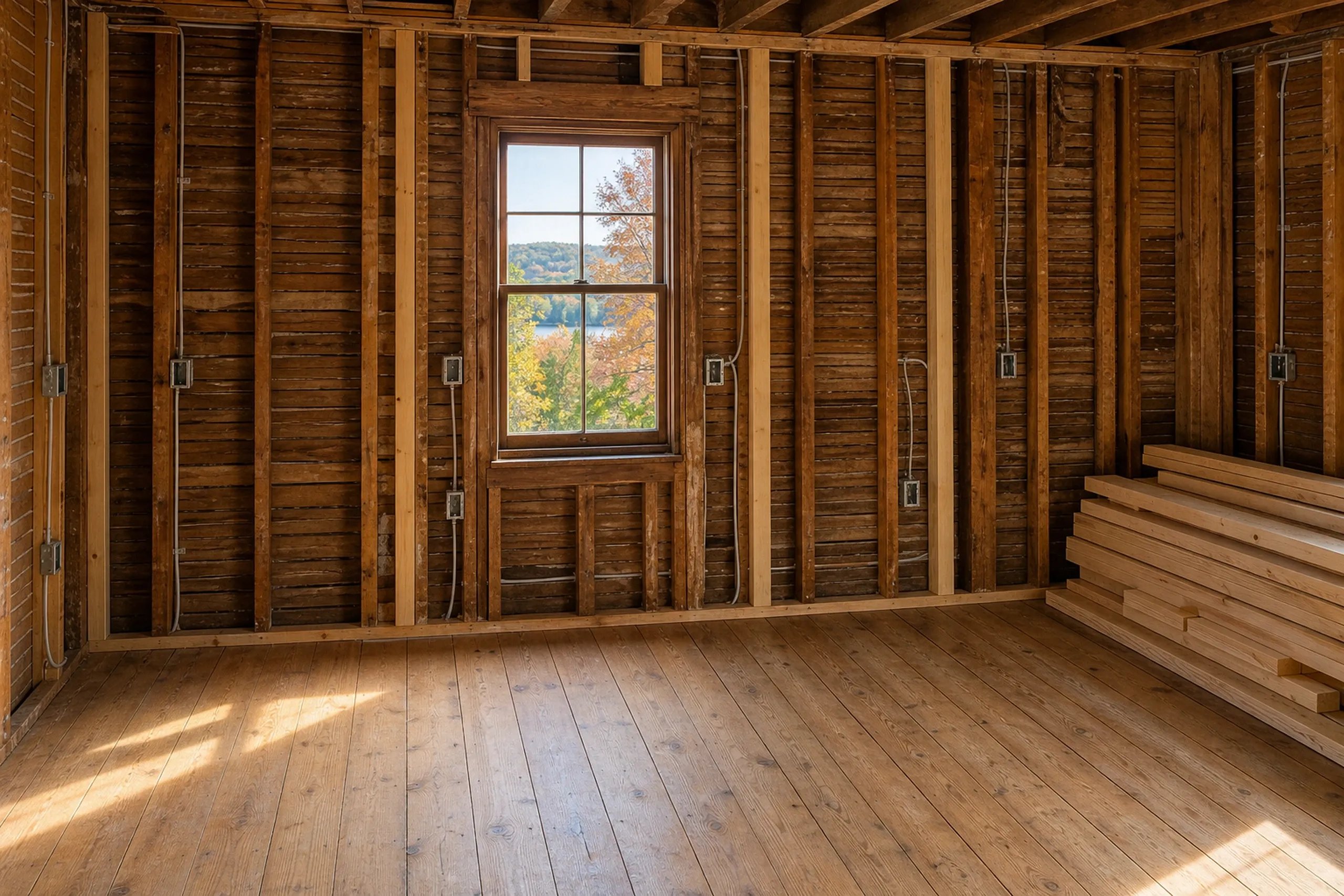 Wooden cabin interior in Orono, ME: Empty room with wood plank walls and ceiling, window overlooking autumn foliage, wooden floor, and stacked lumber on right side.