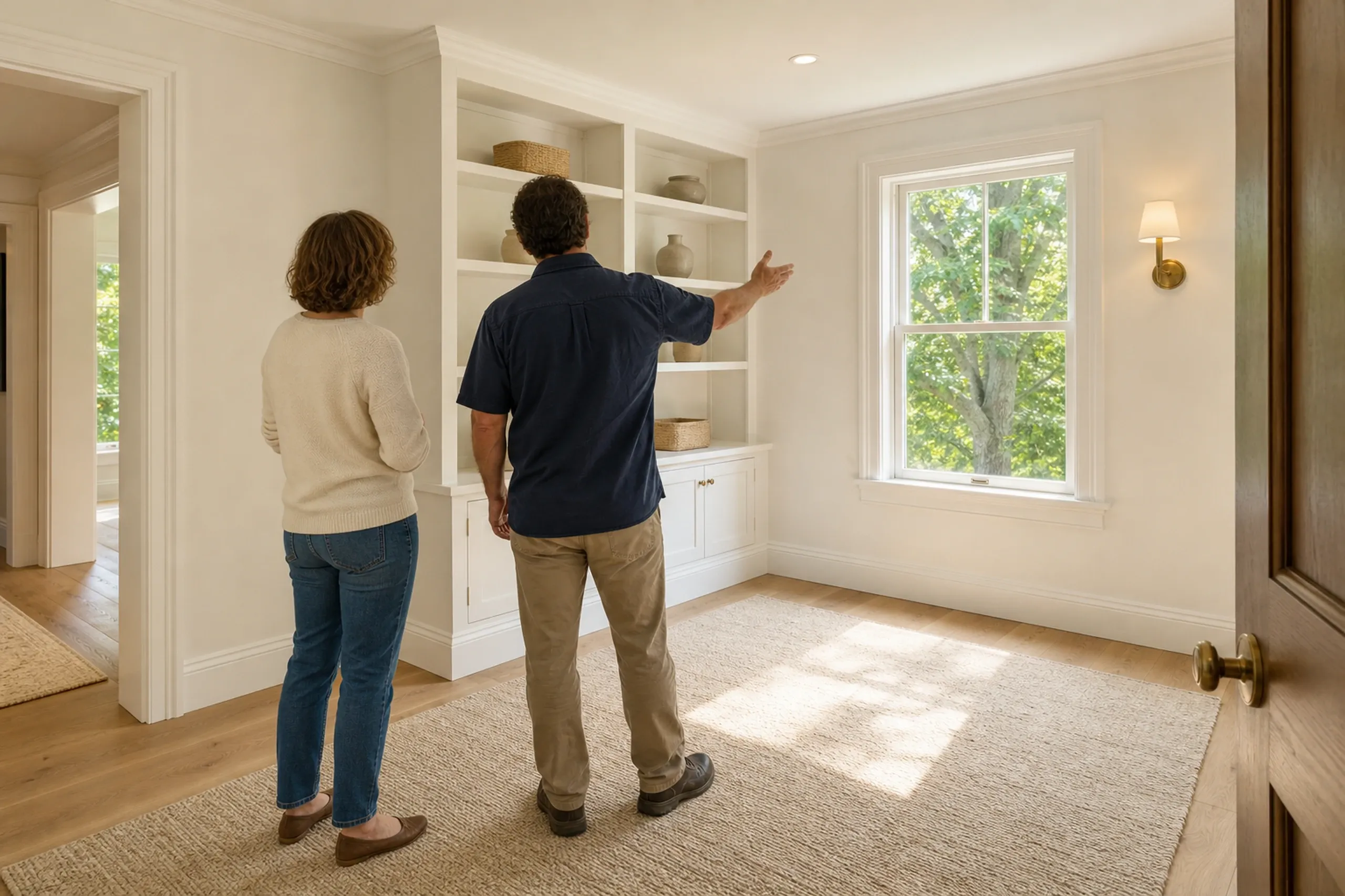 Interior Home Tour in Orono, ME: Couple viewing built-in shelving and windows in bright, cream-colored room with wood flooring and beige carpet.