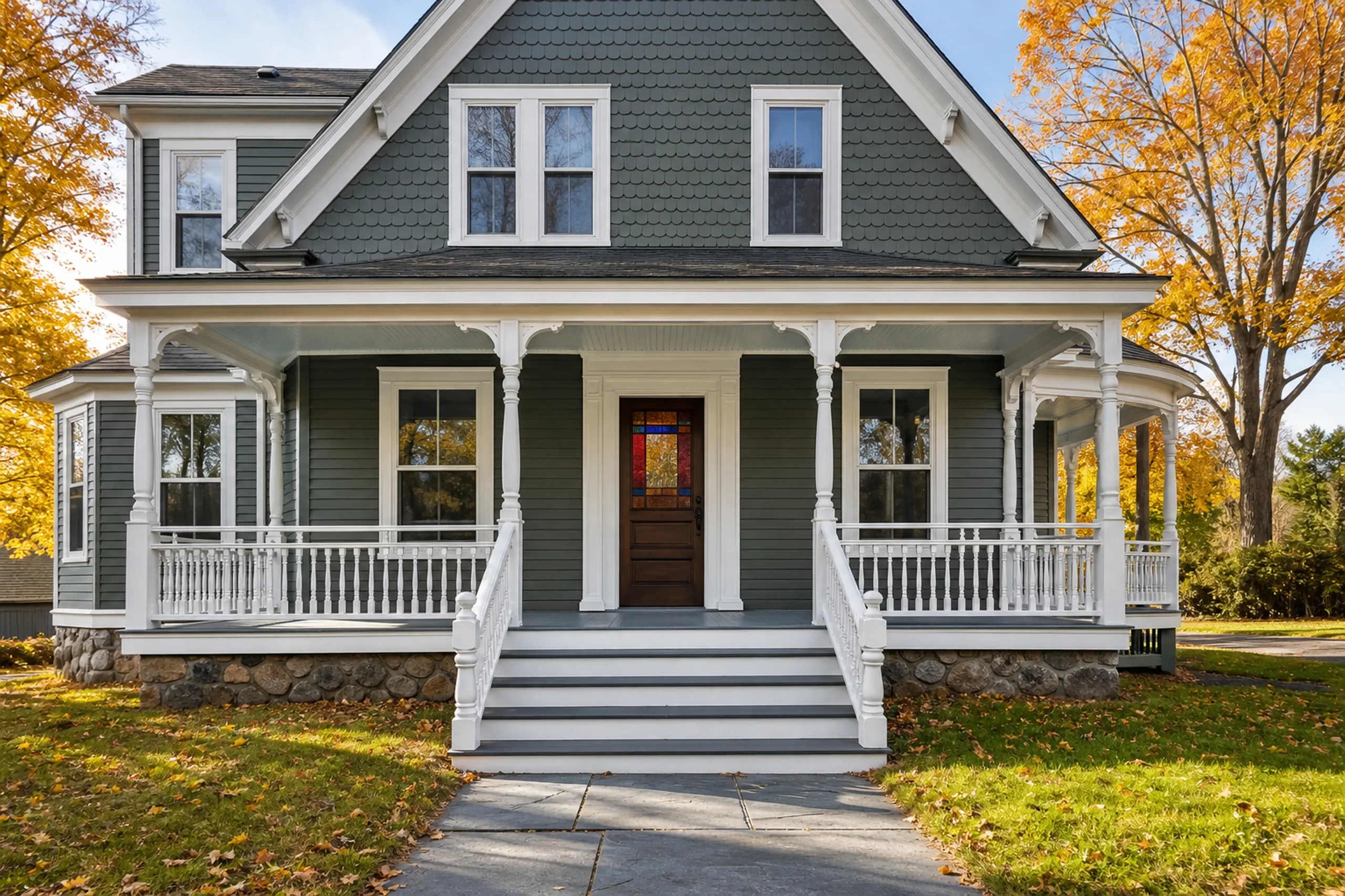 Restored farmhouse in Orono, ME: Two-story gray-sided home with white trim, black roof, covered porch with white columns and railings, stone foundation, brown front door, autumn trees, empty lawn.
