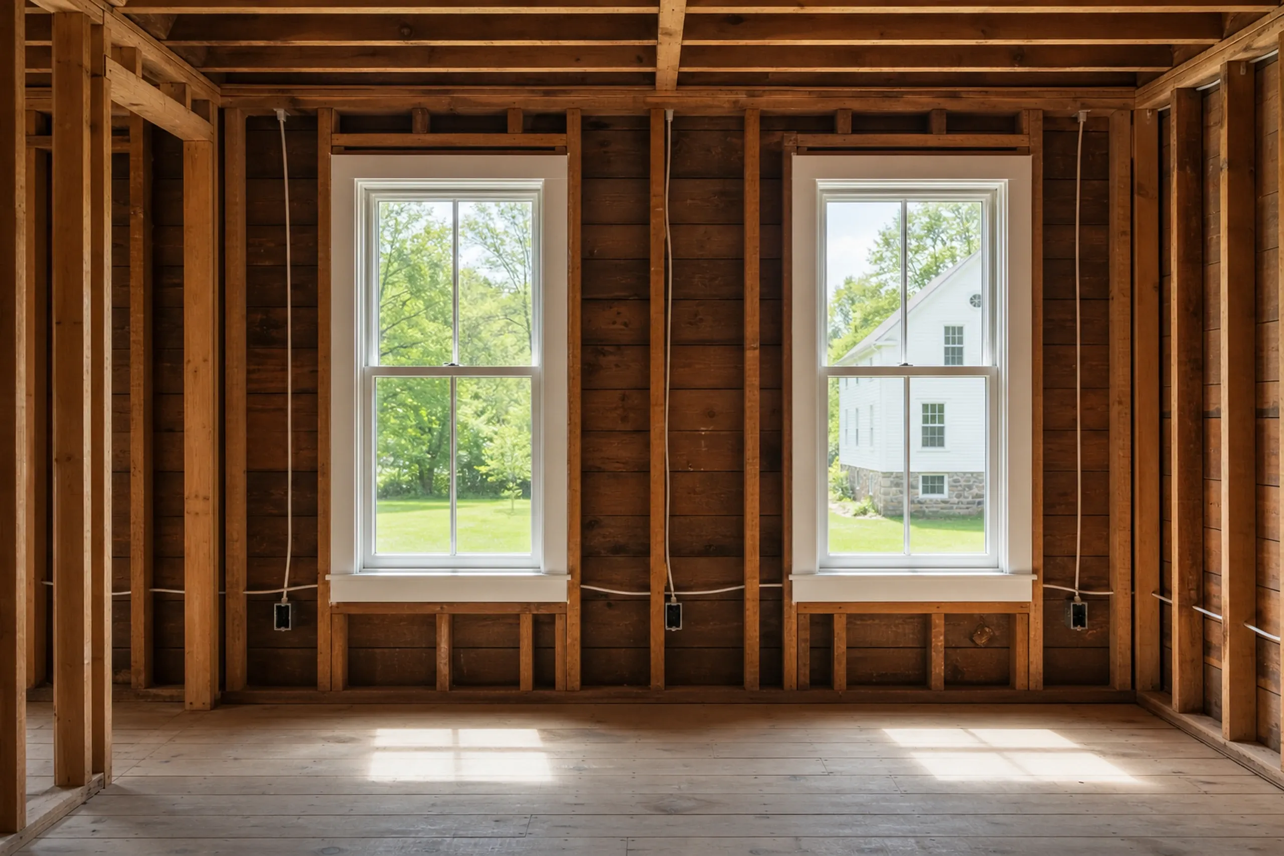 Interior framing of timber home in Orono, Maine: Exposed wooden beams and framing with two white-trimmed windows overlooking green lawn and distant white building.