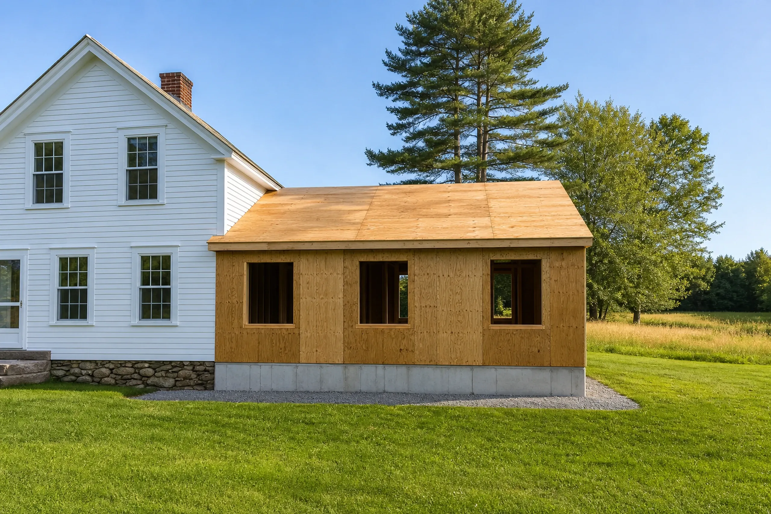 New construction home addition in Orrington, ME: Wood-sided addition with three windows attached to white colonial house, concrete foundation, pitched roof, gravel driveway, green lawn and trees.