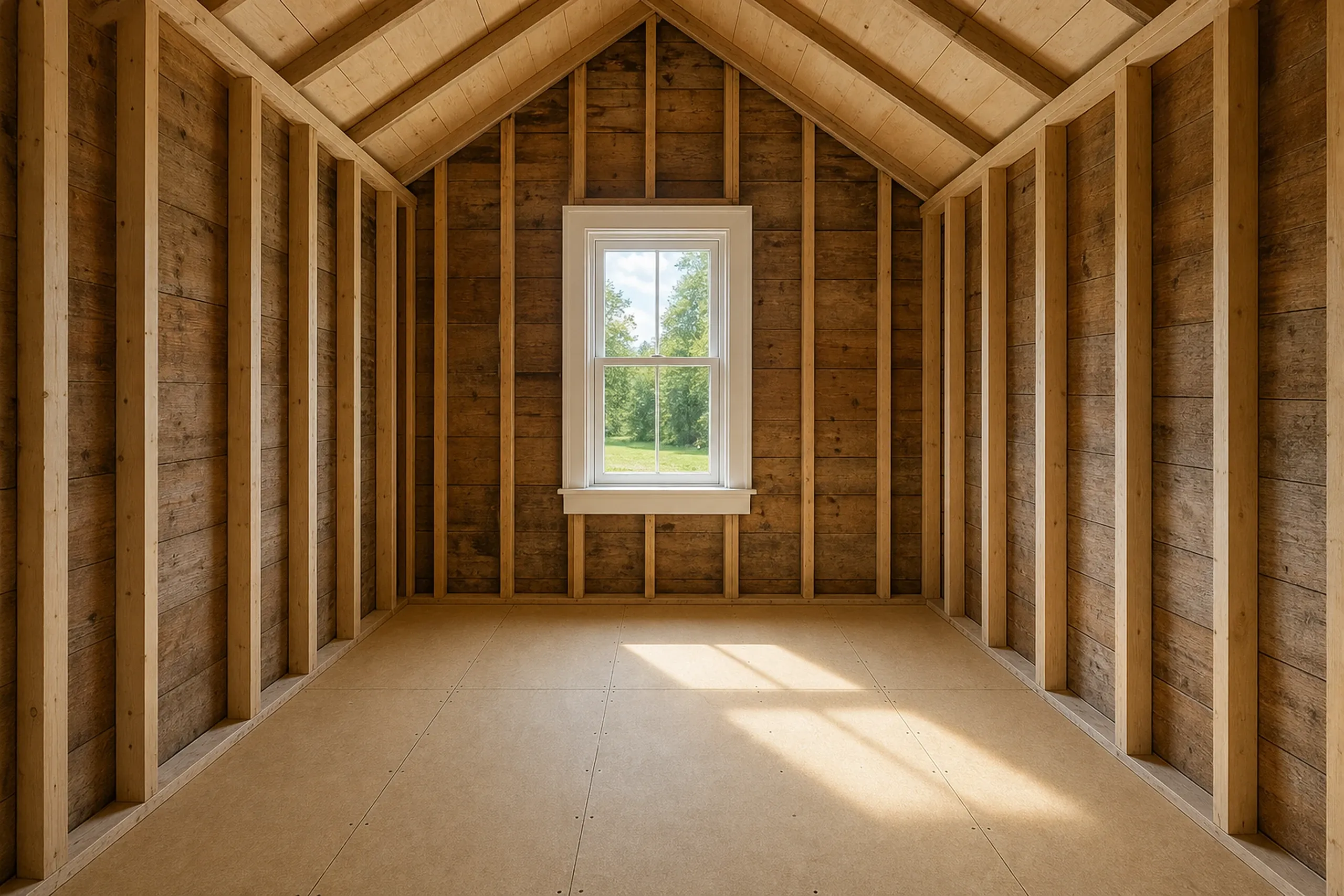 New construction shed interior in Orrington, ME: Empty wooden-framed room with brown insulation, wooden studs and roof beams, plywood flooring, and single window overlooking green landscape.