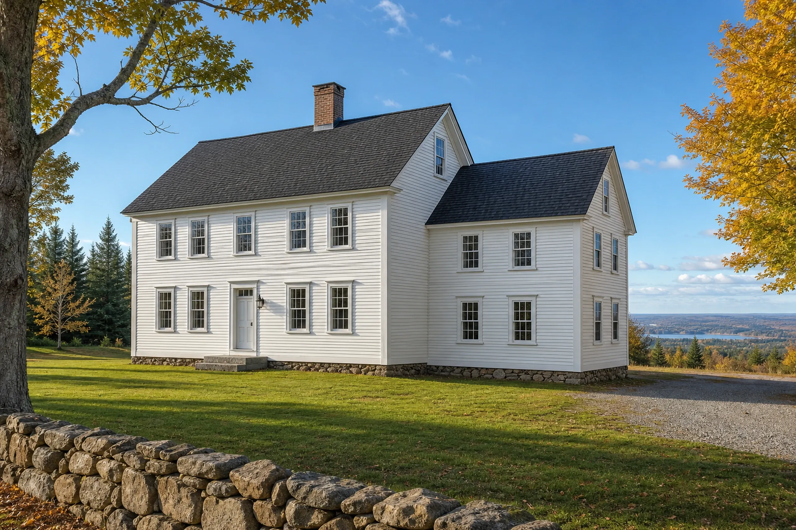 White Colonial House in Orrington, ME: Two-story white sided colonial with dark roof, brick chimney, stone foundation and multiple windows set on green lawn with stone wall, trees, and water view.