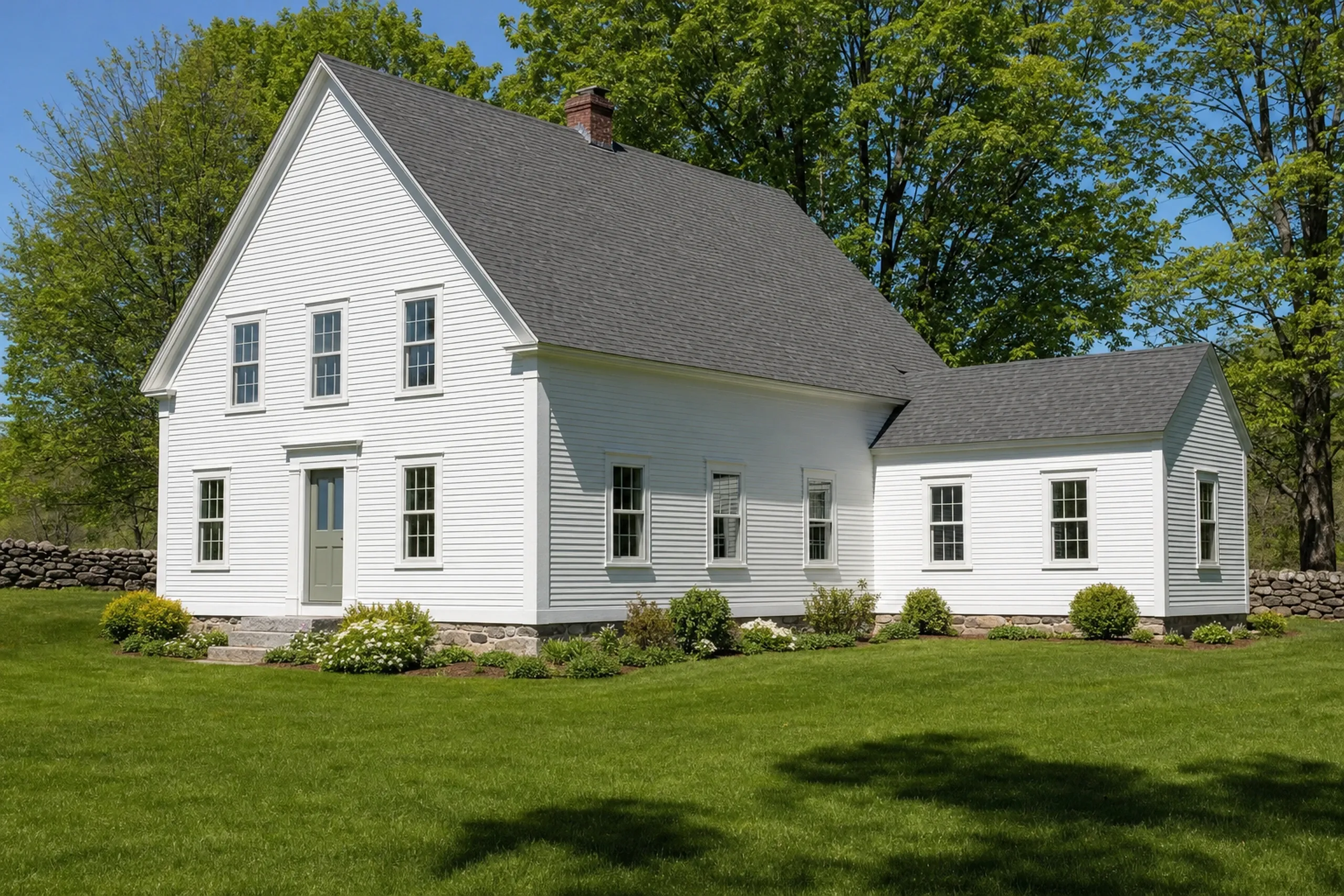 General contractor in Orrington, ME: White farmhouse with gray roof, vinyl siding, multiple windows, brick chimney, stone foundation, surrounded by green lawn and trees.
