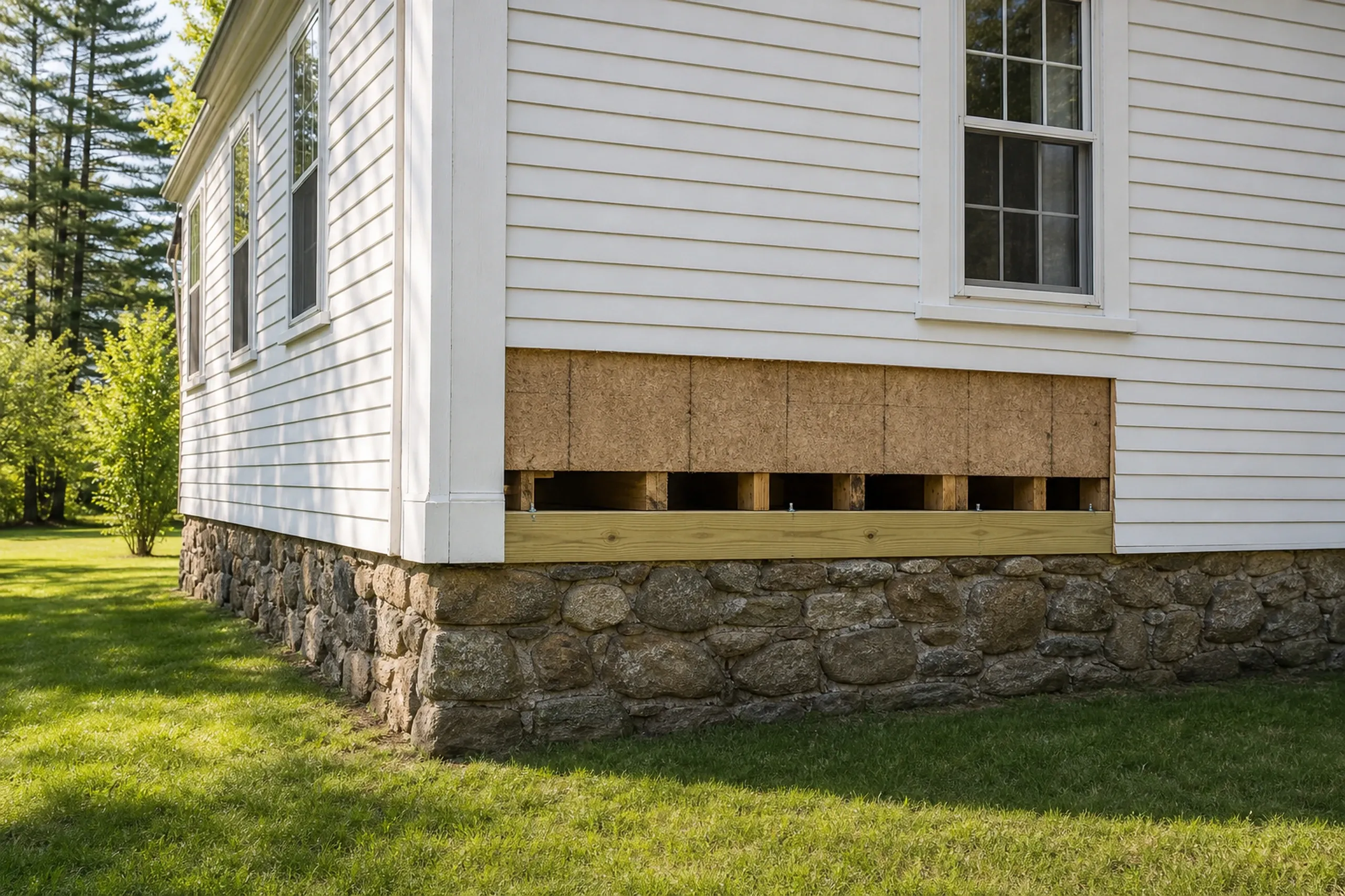 Residential foundation repair in Orrington, ME: White vinyl-sided house with stone foundation, wooden lattice vents, and evergreen trees in yard.