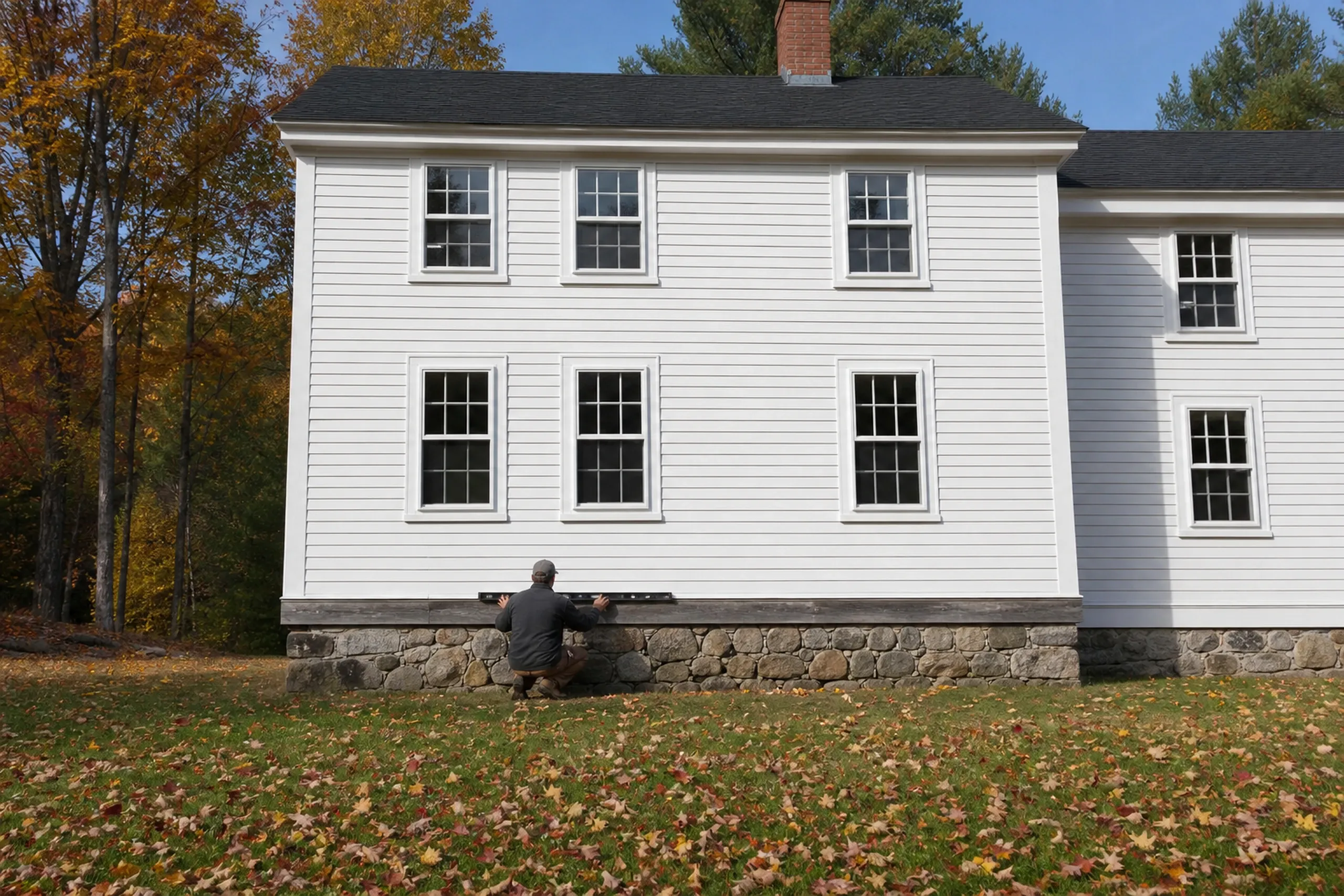 Re-sided colonial in Orrington, Maine: White vinyl-sided two-story house with stone foundation, dark roof, and white-trimmed windows. Man in dark jacket crouches by foundation. Fall leaves cover ground and trees in background.