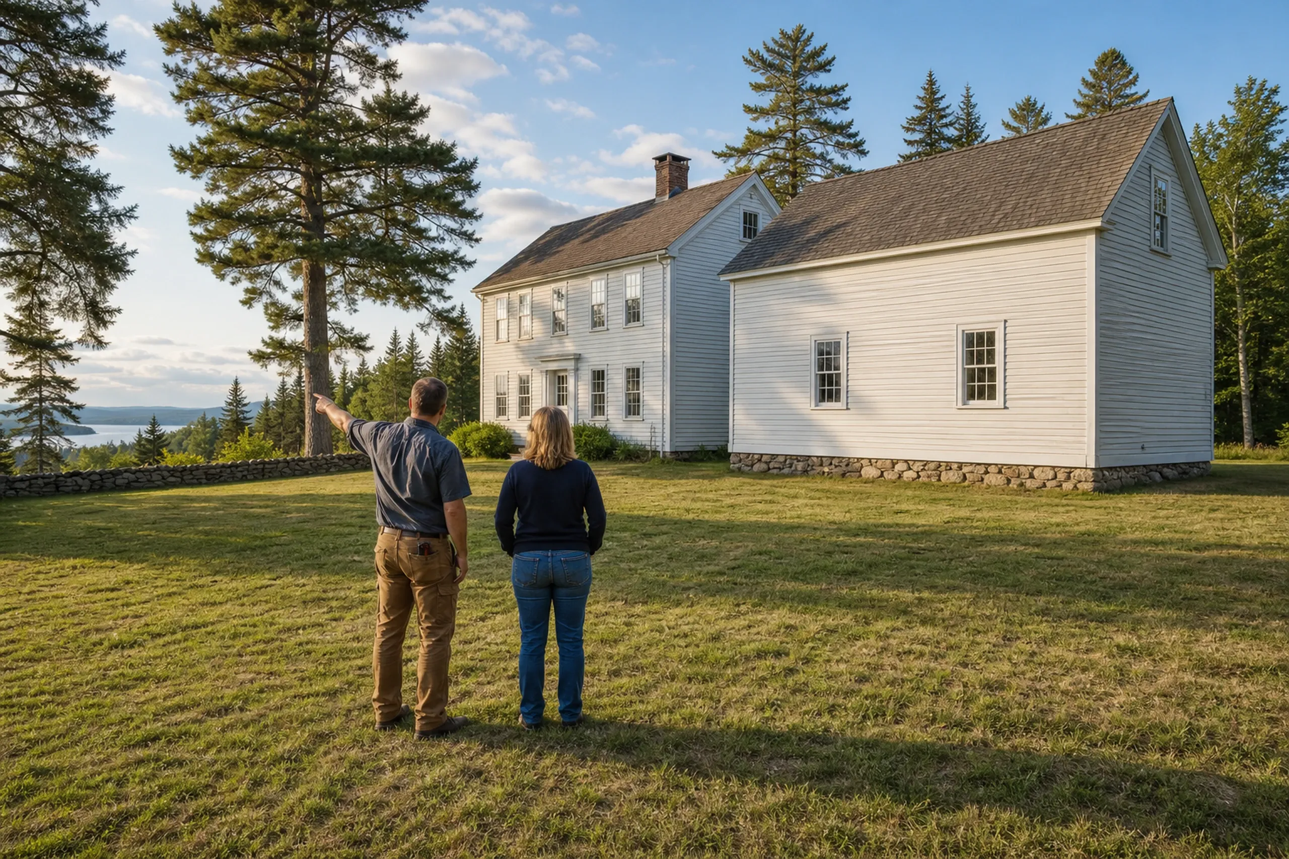 Re-sided colonial in Orrington, ME: Two people stand in a grassy field viewing a white two-story house with dark roof, stone foundation, and evergreen trees nearby, with water visible in distance.