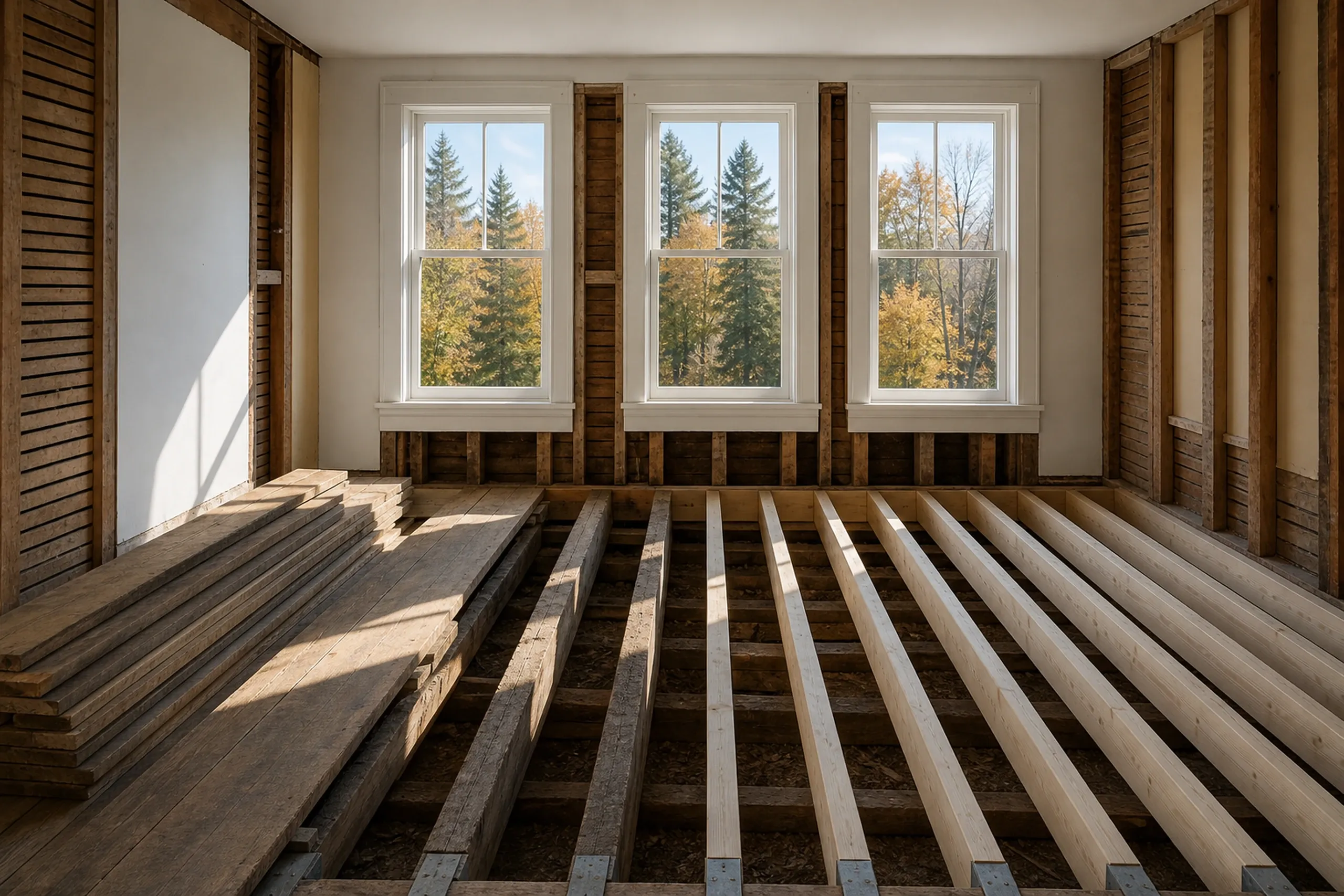 Interior renovation in Orrington, ME: Unfinished room with exposed floor joists, three large windows overlooking autumn forest, wooden shutters and trim.