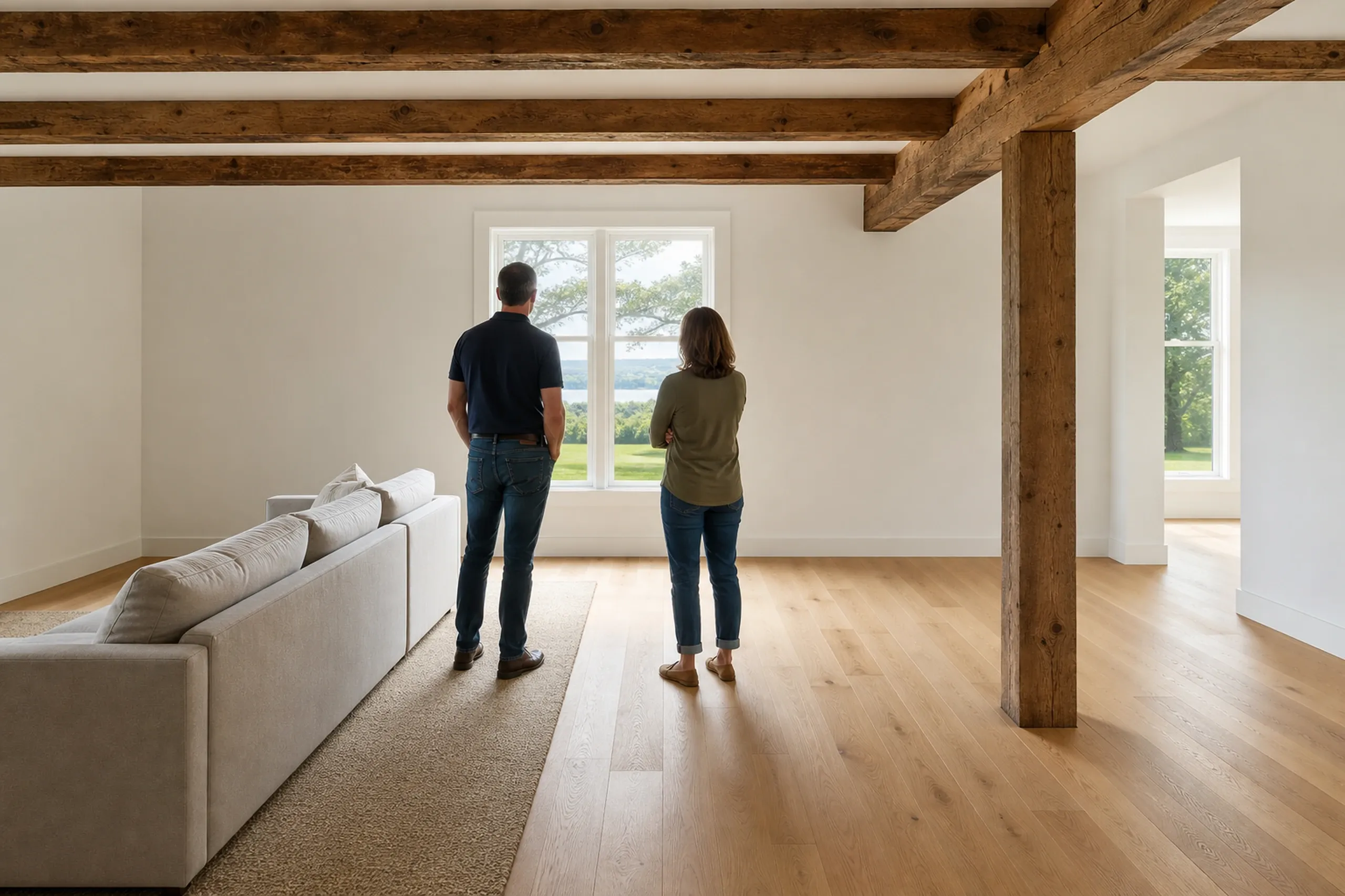 Modern home interior in Orrington, ME: Two people stand in an open living room with white walls, exposed wooden ceiling beams, light wood flooring, and large windows overlooking green landscape.