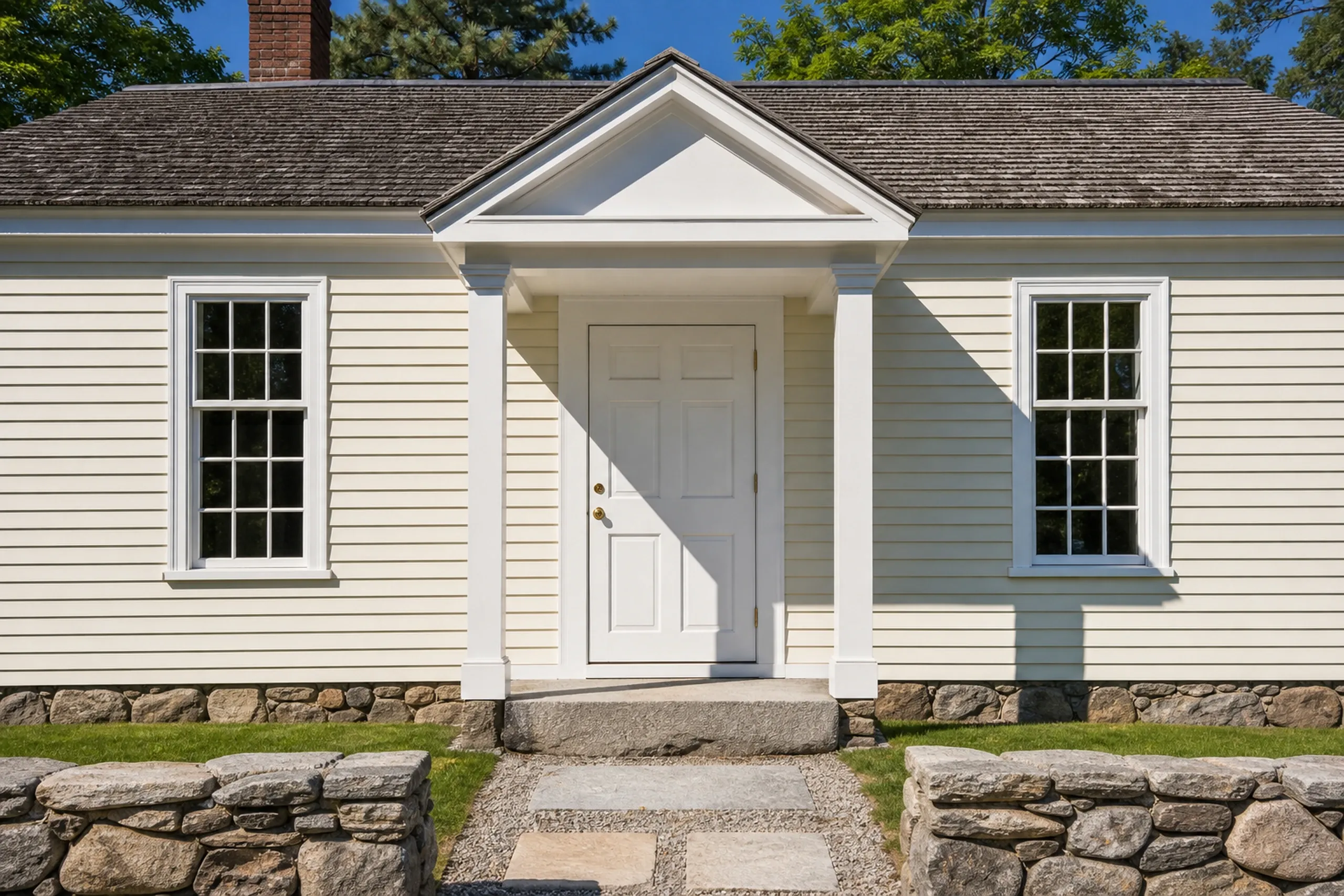 White colonial home in Orrington, ME: Single-story white vinyl-sided house with gray roof, white trim, central front door with portico, two multi-pane windows, stone foundation, and stone wall landscaping.