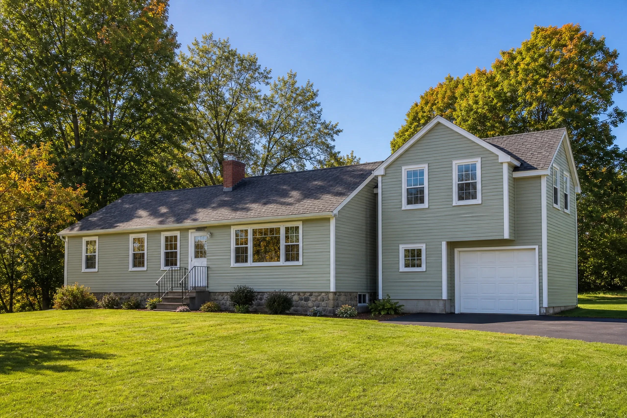 Re-sided colonial in Veazie, ME: Two-story house with gray vinyl siding, white trim, and dark roof. Attached garage on right. Stone foundation visible. Situated on large green lawn with mature trees in background under clear blue sky.