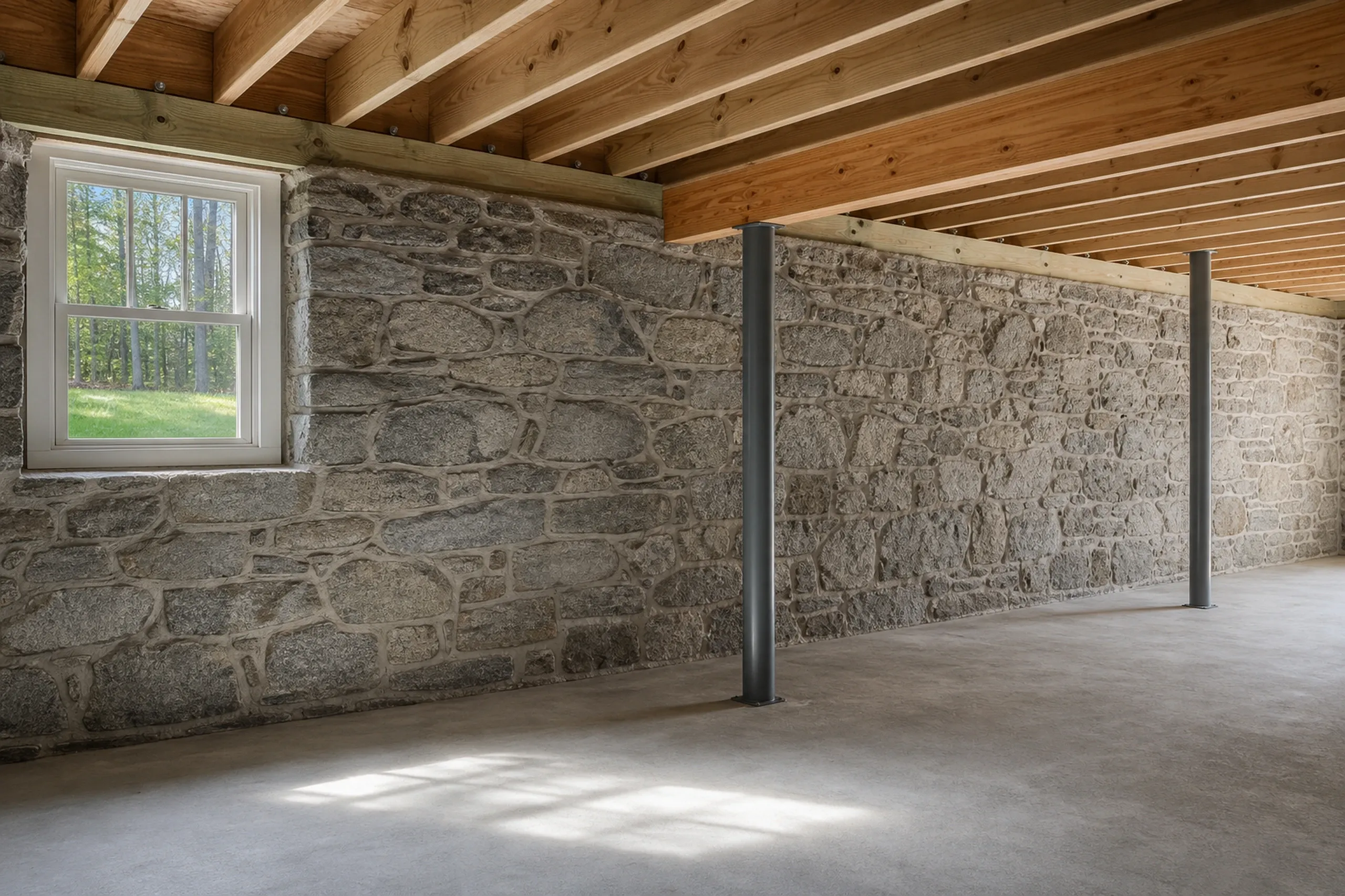Stone Foundation Basement in Veazie, ME: Interior view of unfinished basement with gray stone walls, wooden beam ceiling, metal support posts, concrete floor, and a window with white trim overlooking trees.