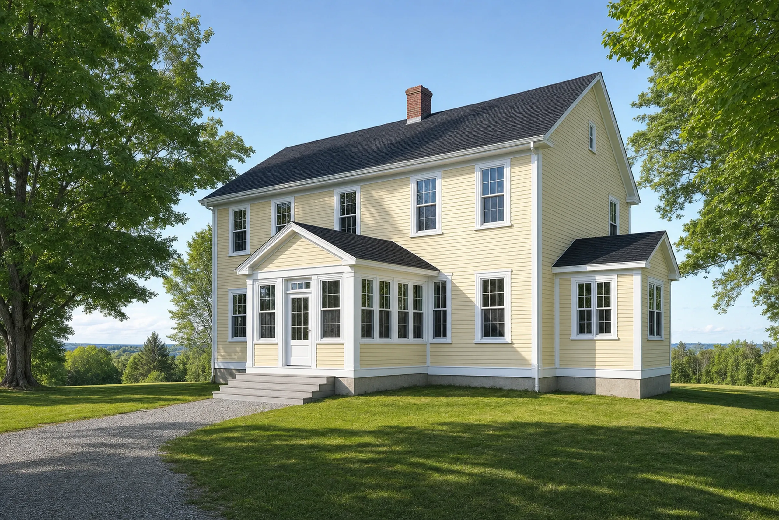 General contractor in Veazie, ME: Two-story cream-colored house with dark roof, white trim, brick chimney, front porch, surrounded by large trees and green lawn.
