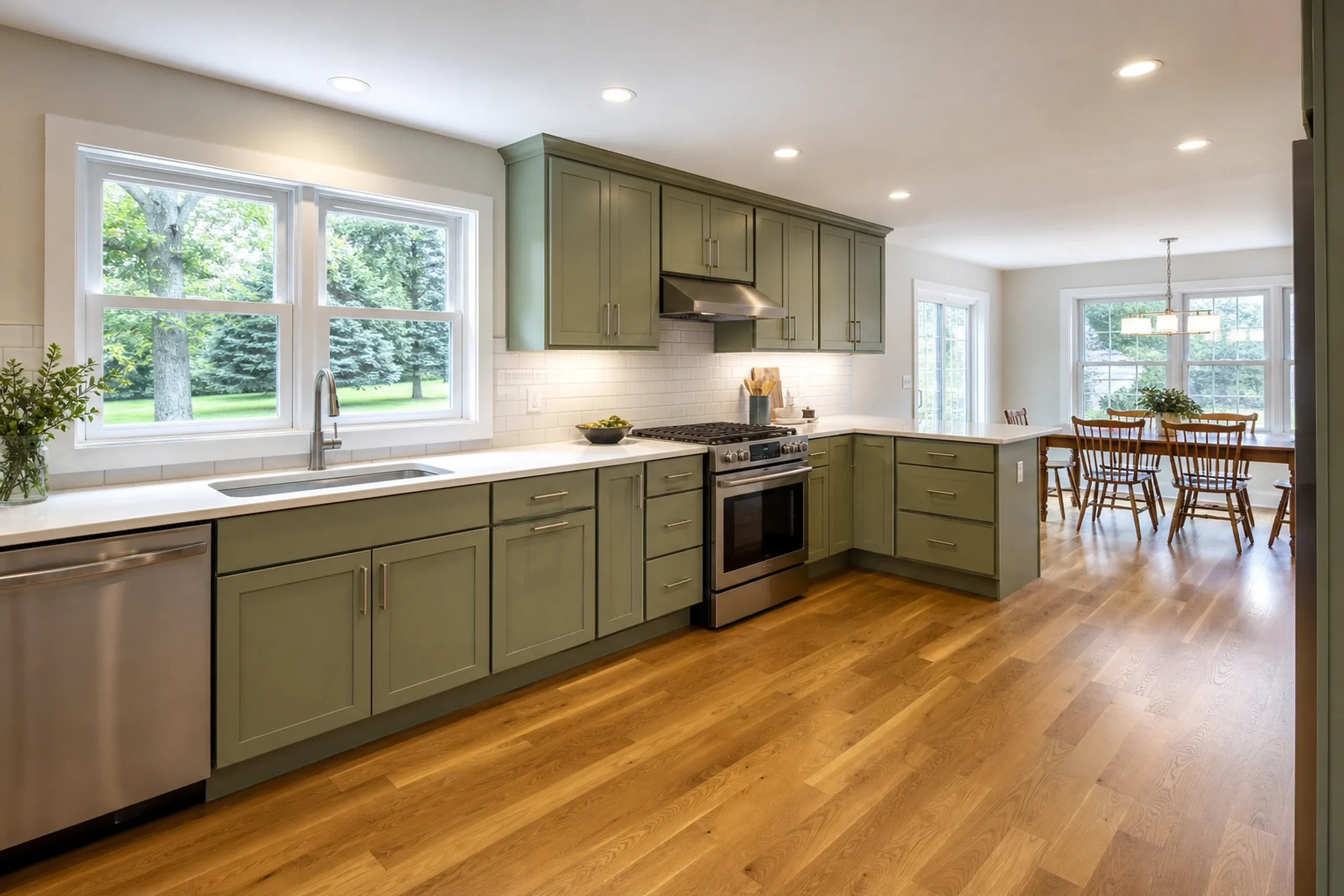 Kitchen renovation in Veazie, ME: Interior view of renovated kitchen with green cabinetry, white subway tile backsplash, stainless steel appliances, and wood flooring.