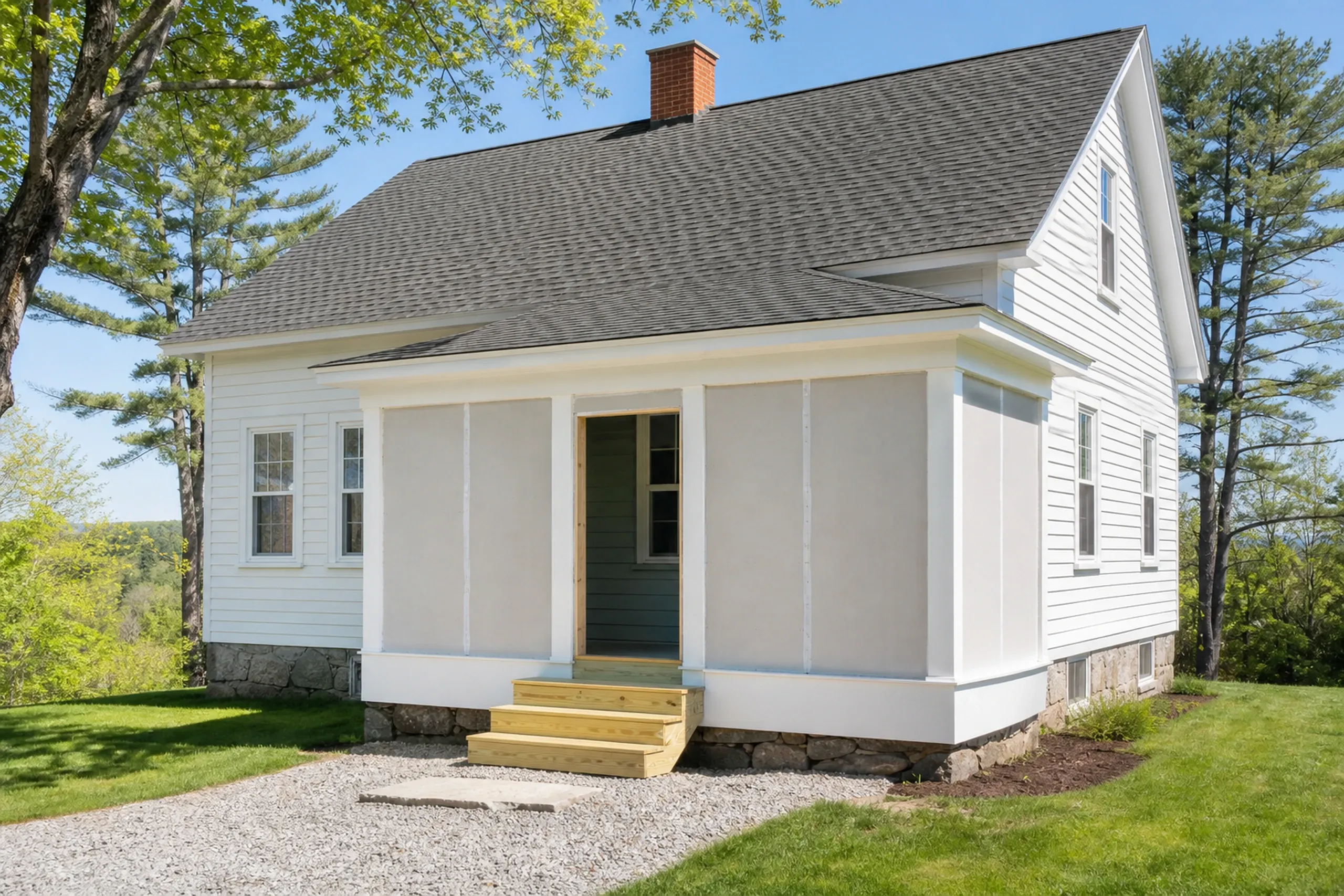Renovated cottage in Veazie, ME: White-sided single-story house with gray roof, stone foundation, wooden front steps, screened porch, brick chimney, surrounded by pine trees and grass.