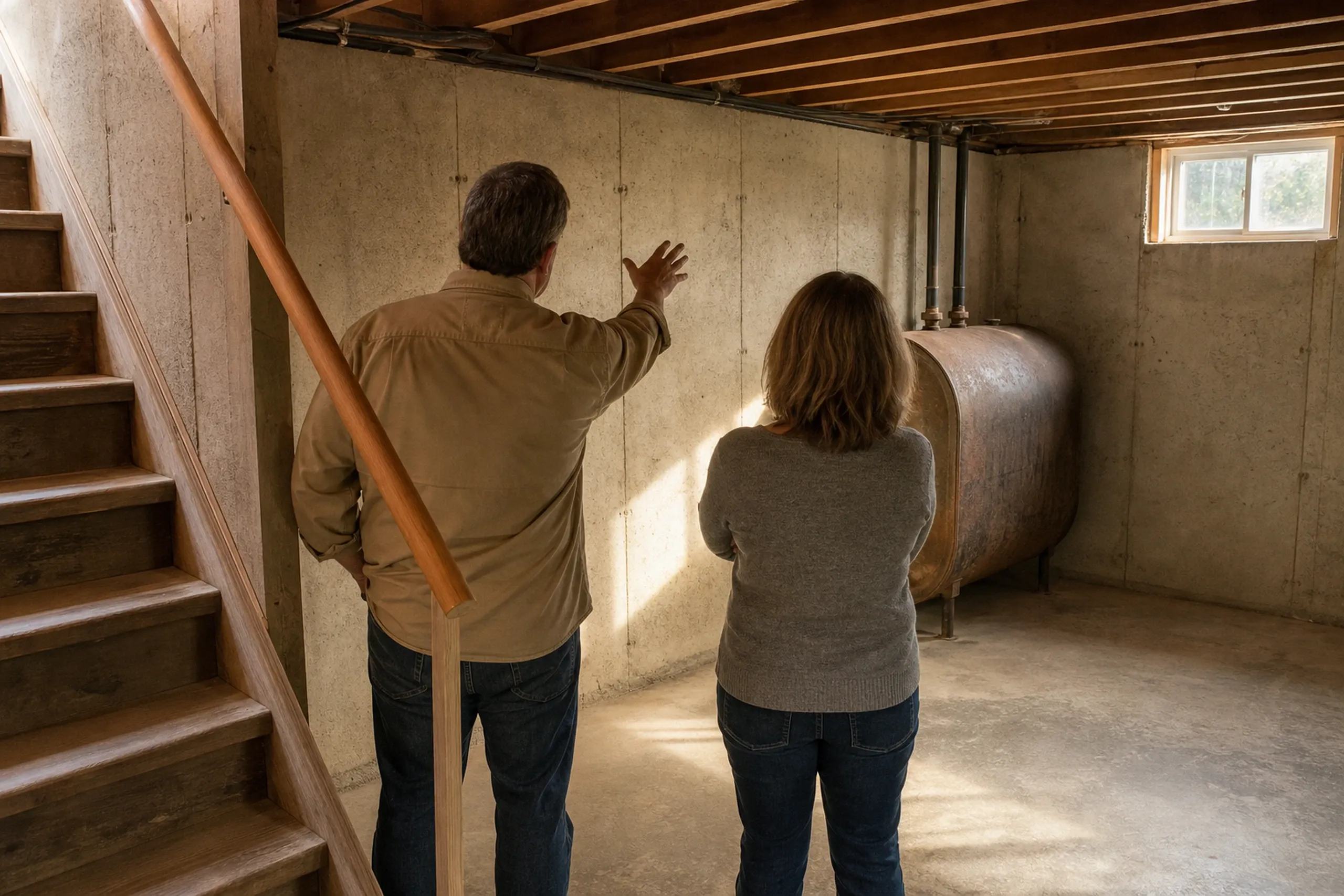 Basement renovation in Veazie, ME: Two people stand in an unfinished concrete basement with wooden stairs, exposed beams, and a metal tank visible.