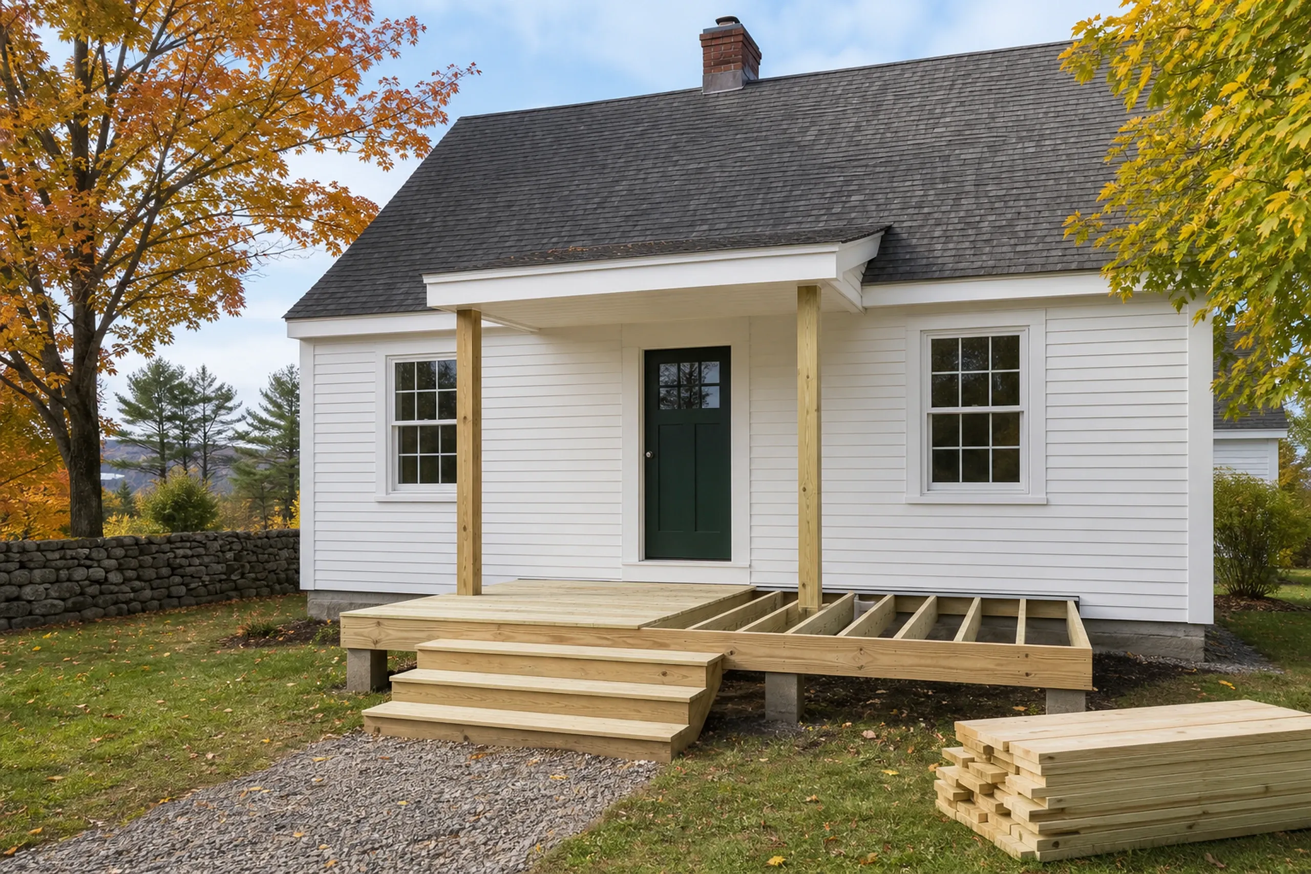 New cottage construction in Veazie, Maine: White-sided cottage with dark gray roof, black door, wooden front porch with steps, autumn trees, stone wall, no people visible.