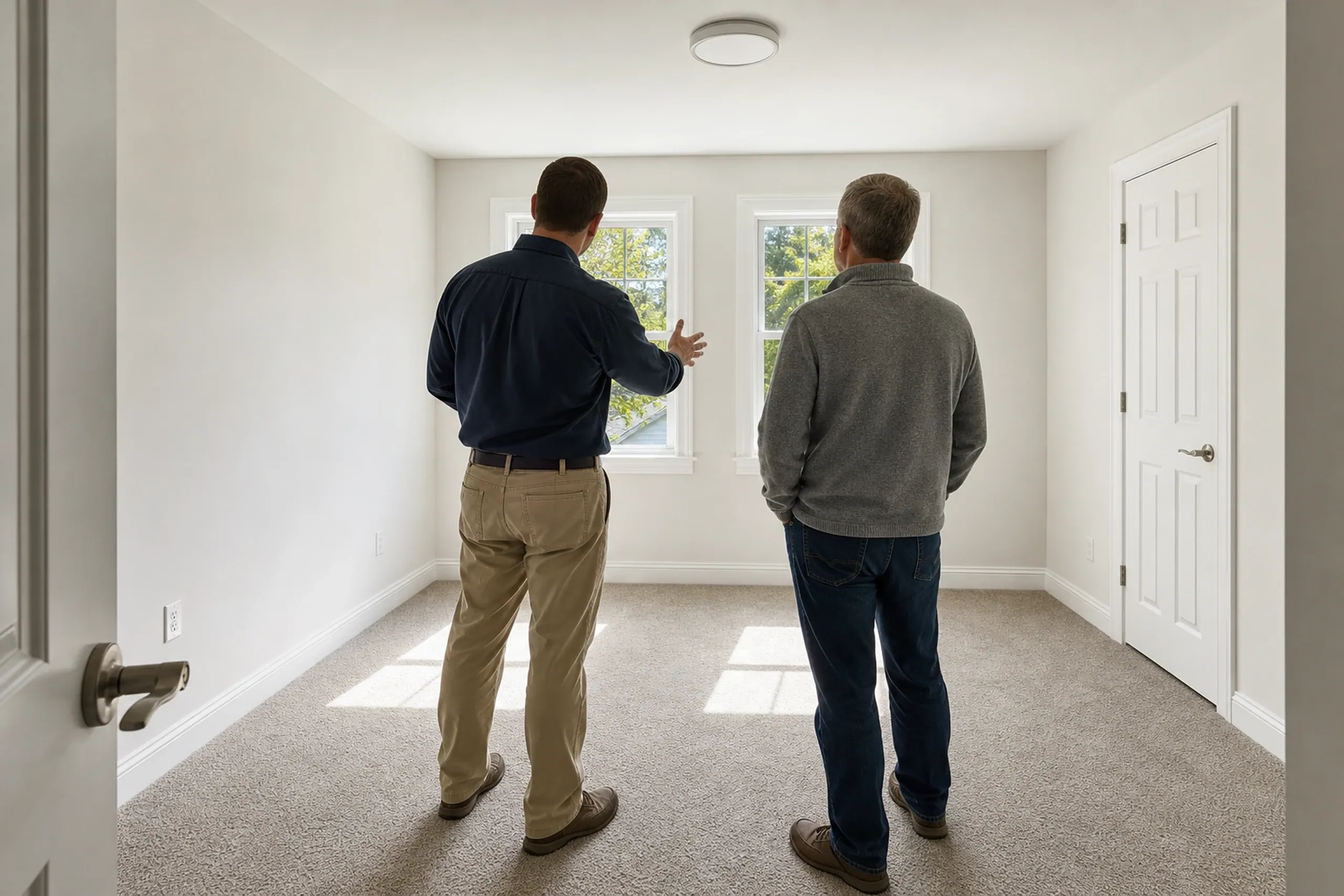 Interior room tour in Veazie, ME: Two men stand in an empty bedroom with beige carpet, white walls, two windows with green views, white trim, and white doors.